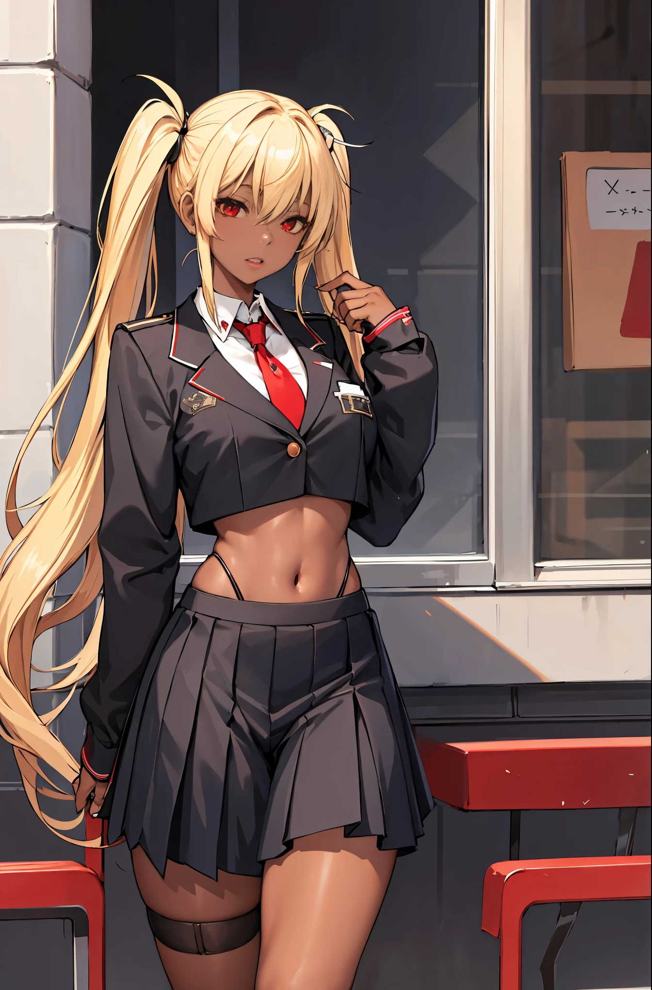 (masterpiece:1.3, highest quality), 1 female, alone, 19 years old, school uniform,blonde, twin tails, red eyes, Open collaboration bone, black skin, (open chest:1.1),JK,,LJK