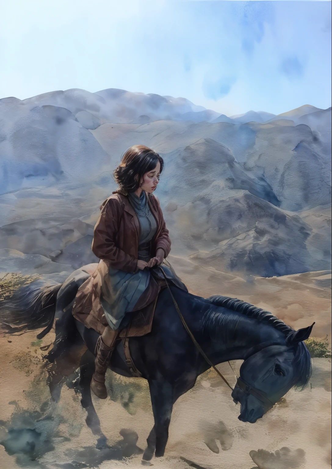 mountain landscape, girl and horse painting, ((watercolor painting)) by Olga Boznanska, Tumblr, fantasy art, Great art, Beautiful art, Amazing art, Beautiful artwork, detailed watercolor painting, beautiful character drawings, watercolor illustrations, amazing art, watercolor painting, uneven edges of paint, Beautiful art illustration, Fantasy watercolor, Watercolor drawing, ((paper texture)), (paint splashes 1,2), (paint stains)