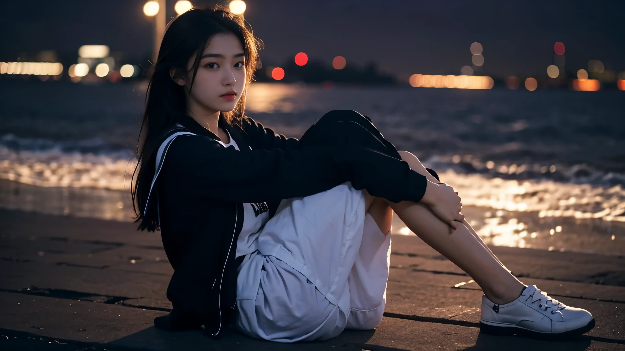First-person perspective,a female high school student,seaside，night，，charming，braid
