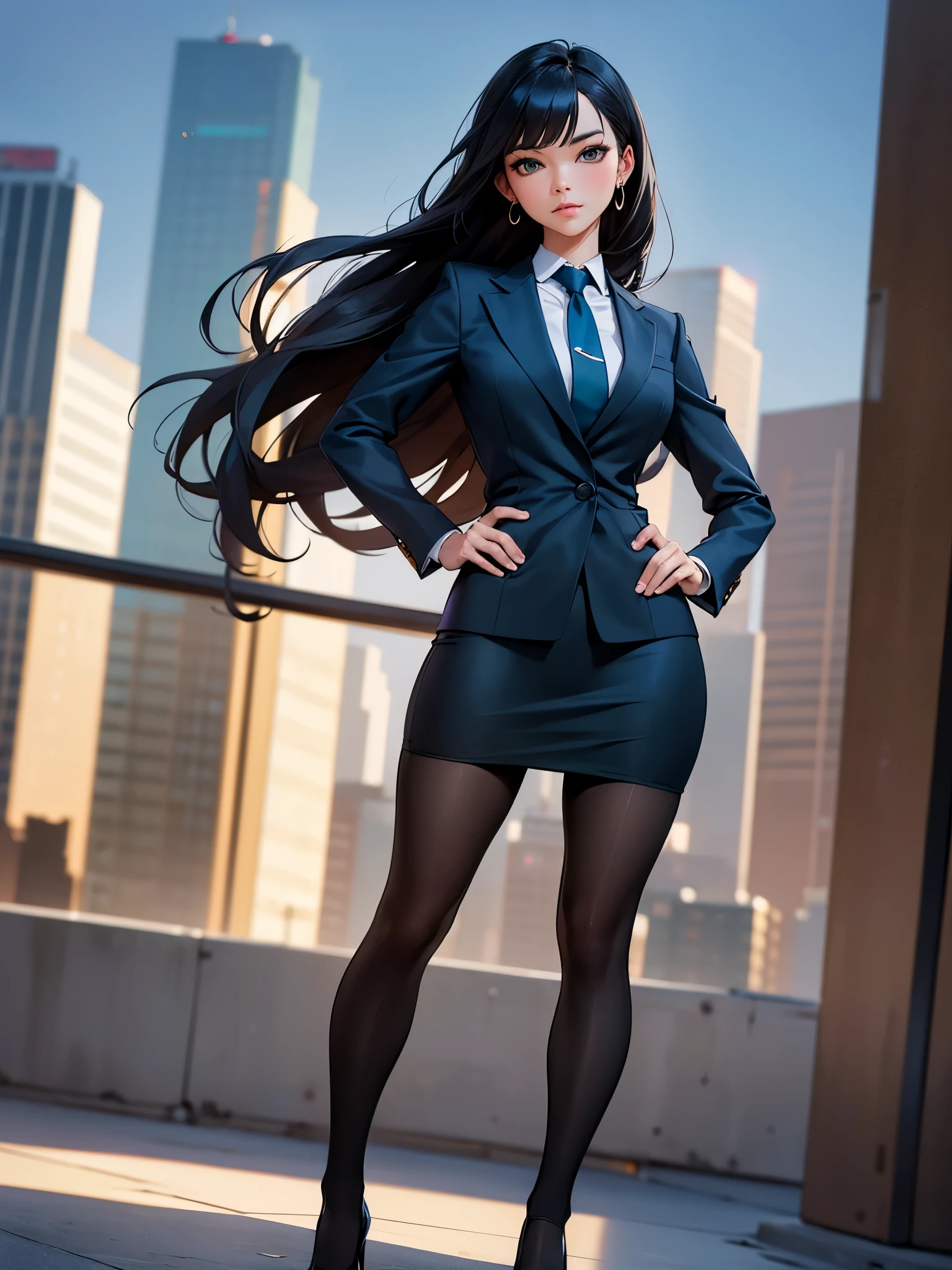 masterpiece, highest quality, solo, solo focus, (perfect face:1.1), (high detail:1.1), office lady, los angeles backdrop, black hair, long hair, green eyes, black pantyhose, blue suit, high heel shoes, pencil skirt, miniskirt, one hand on hip, full body shot, cowboy shot