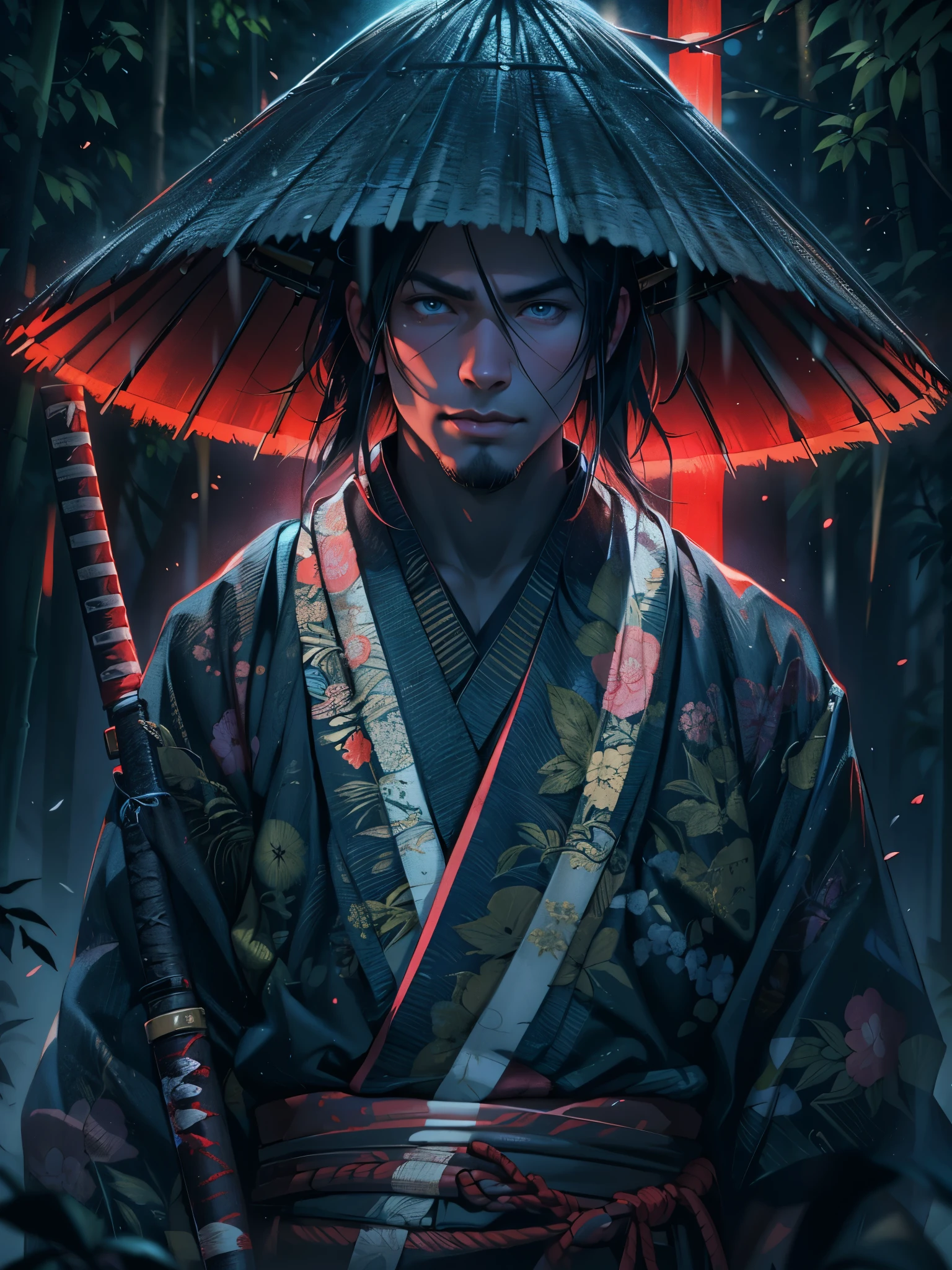 (best quality, 4k, highres, masterpiece:1.2), ultra-detailed, (realistic, photorealistic, photo-realistic:1.37), a man dressed as a samurai stands in the rain, wearing a bamboo hat (kasa) on his head. He is surrounded by a dense forest, alive with the sounds of nature. It's a moonlit night, and the darkness adds to the mysterious ambiance. The man is wearing a black kimono with neon red stripes that glow in the darkness, making him stand out in the scene. His sword (katana) is unsheathed, ready for action in the face of imminent disasters.