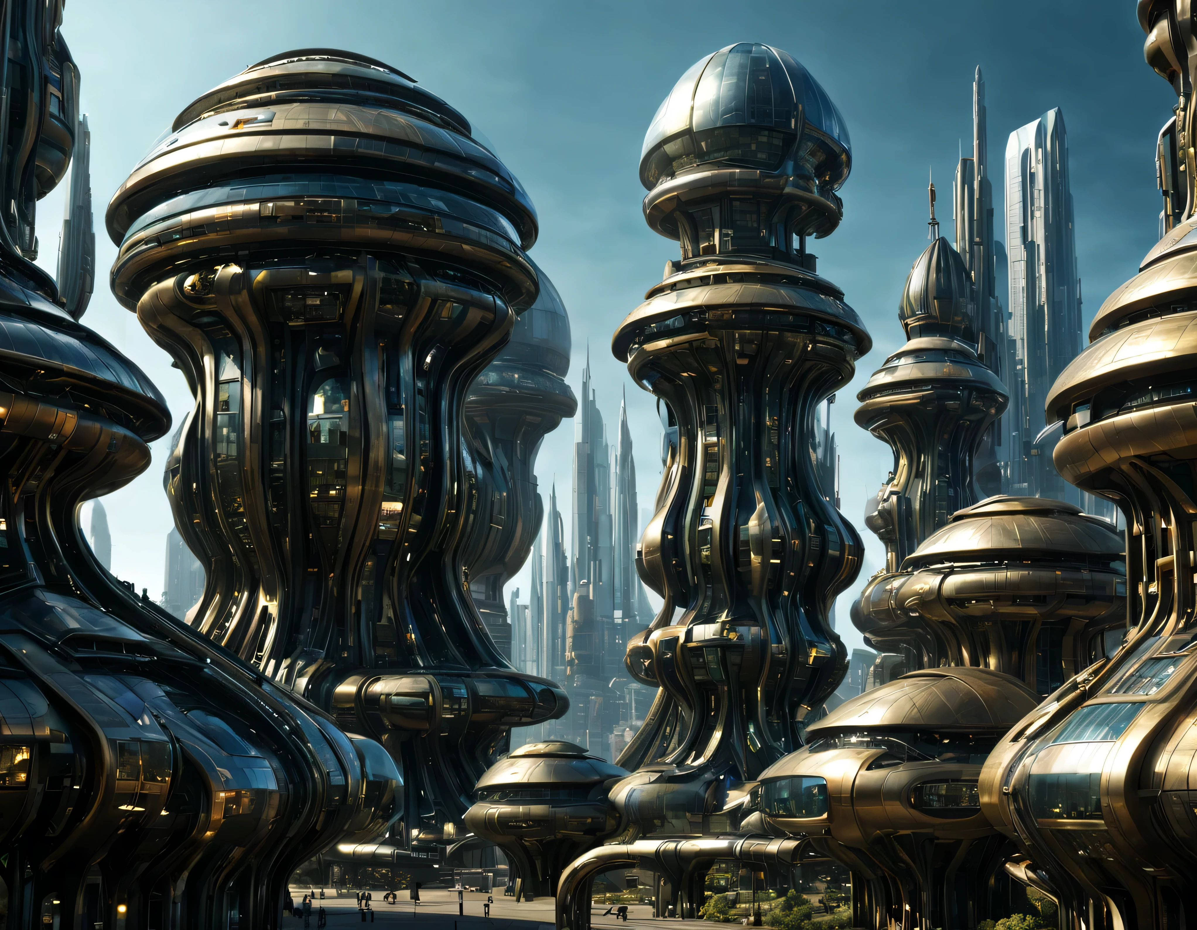 street of an extraterrestrial alien city with futuristic and technological architecture in its metal and glass conglomerado de buildings, donde predomina el oro, la plata y el bronce, some aliens walking around, ventanas iluminadas, all full of imagination, science fiction and (intrincados detalles de la maquina).imagen fotorrealista, Maximum sharpness, calidad 8k.(obra maestra de calidad superior). 3D.