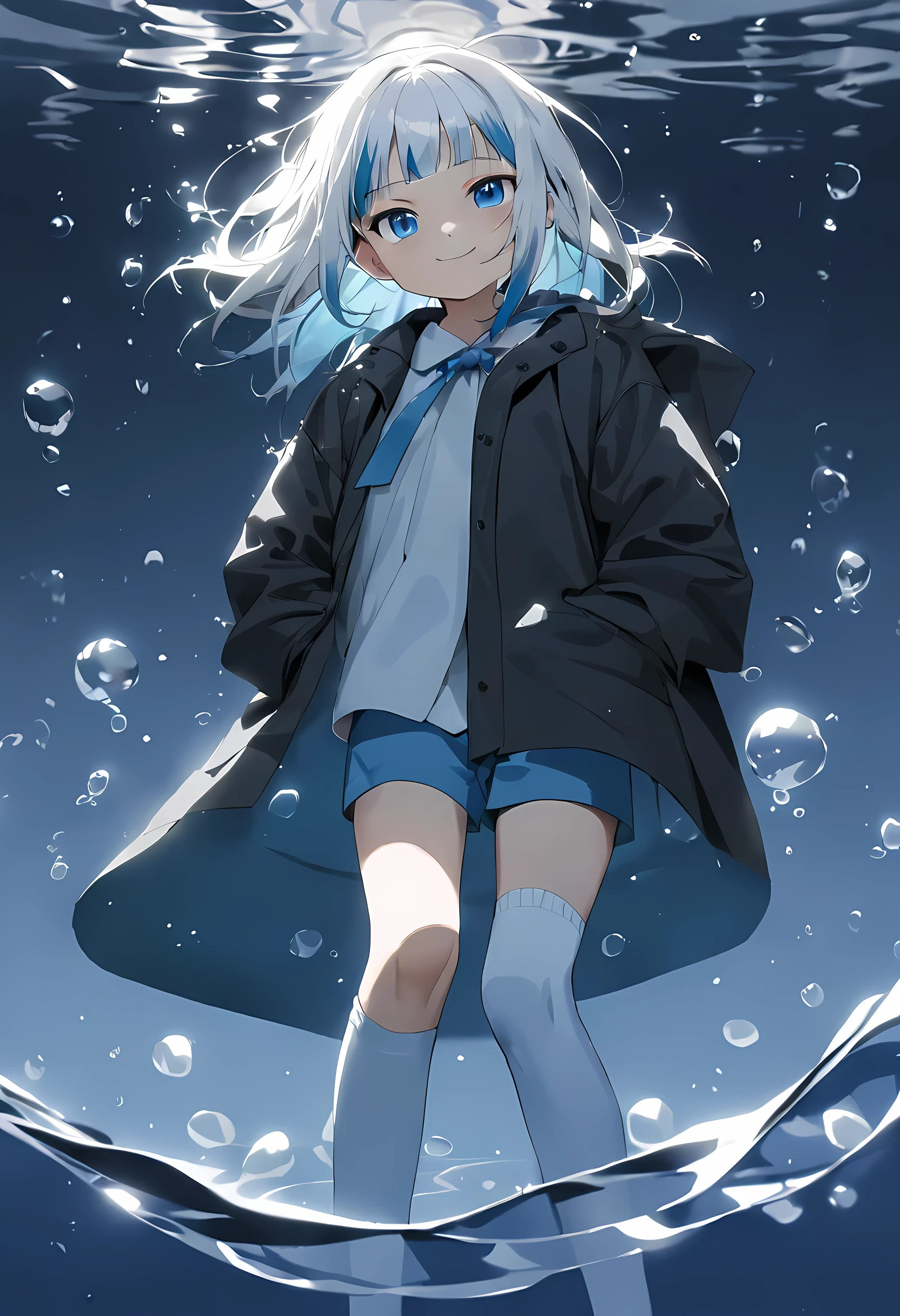 huge beat/(Holographic live broadcast/), ((top quality)), ((​Masterpiece)), ((Super detailed)), (extremely delicate and beautiful), girl with, alone, cold attitude,((black jacket)),She is very(Relax)and(settle down)It seems,A black-haired one, depth of field,evil smile,bubble, under water, bubble,bright light blue eyes,interior color，Bright gray hair with light blue tips,,,,,,,,,cold background,Bob Hair - Linear Art, shorts、knee socks、white uniform like school uniform、Light blue ribbon tie、clothes are transparent、hands in pockets、Eyes as bright as sapphires,blue shoulder strap, A small blue light floats、Upper eyes