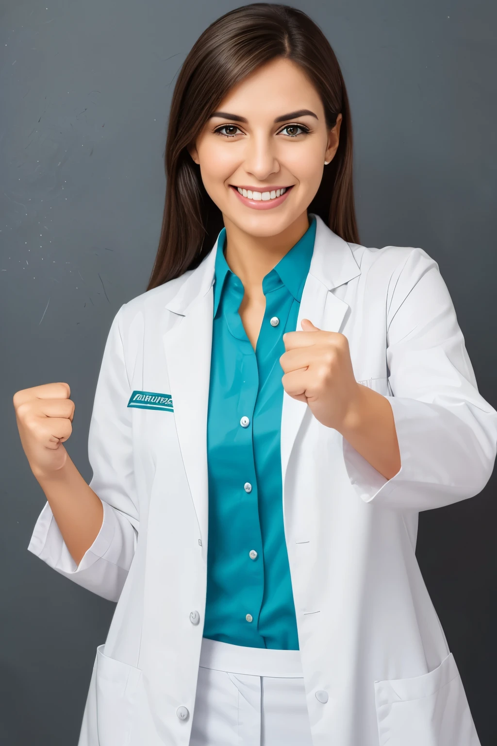 (melhor qualidade, ultra realista, detalhes nitidos) brasilian, pharmacist woman raising her fists, wearing a lab coat, smiling and excited. She is expressing joy with an excited expression, feeling delighted and cheerful. Completely overtaken by excitement, her facial expression radiates enthusiasm, bursting with positive energy. Professional pharmacist, white background.
