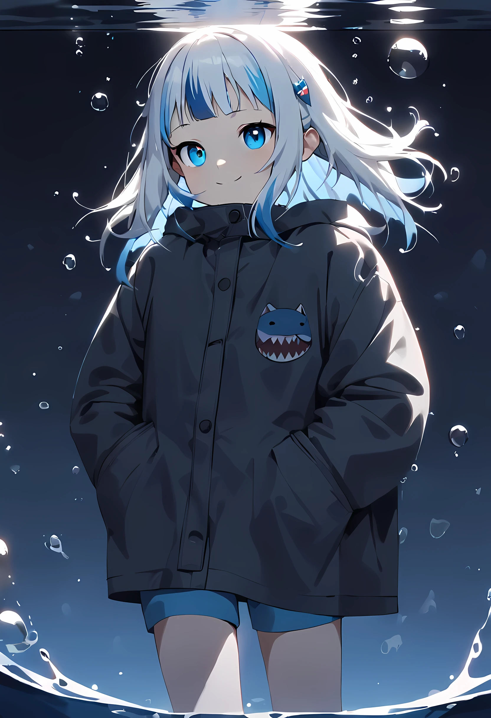 huge beat/(Holographic live broadcast/), ((top quality)), ((Masterpiece)), ((Super detailed)), (extremely delicate and beautiful), girl with, alone, cold attitude,((black jacket)),She is very(Relax)and(settle down)It seems,A black-haired one, depth of field,evil smile,bubble, under water, bubble,bright light blue eyes,interior color,Bright gray hair with light blue tips,,,,,,,,,cold background,Bob Hair - Linear Art, shorts、knee socks、white uniform like school uniform、Light blue ribbon tie、clothes are transparent、hands in pockets、Eyes as bright as sapphires,blue shoulder strap, A small blue light floats、Upper eyes