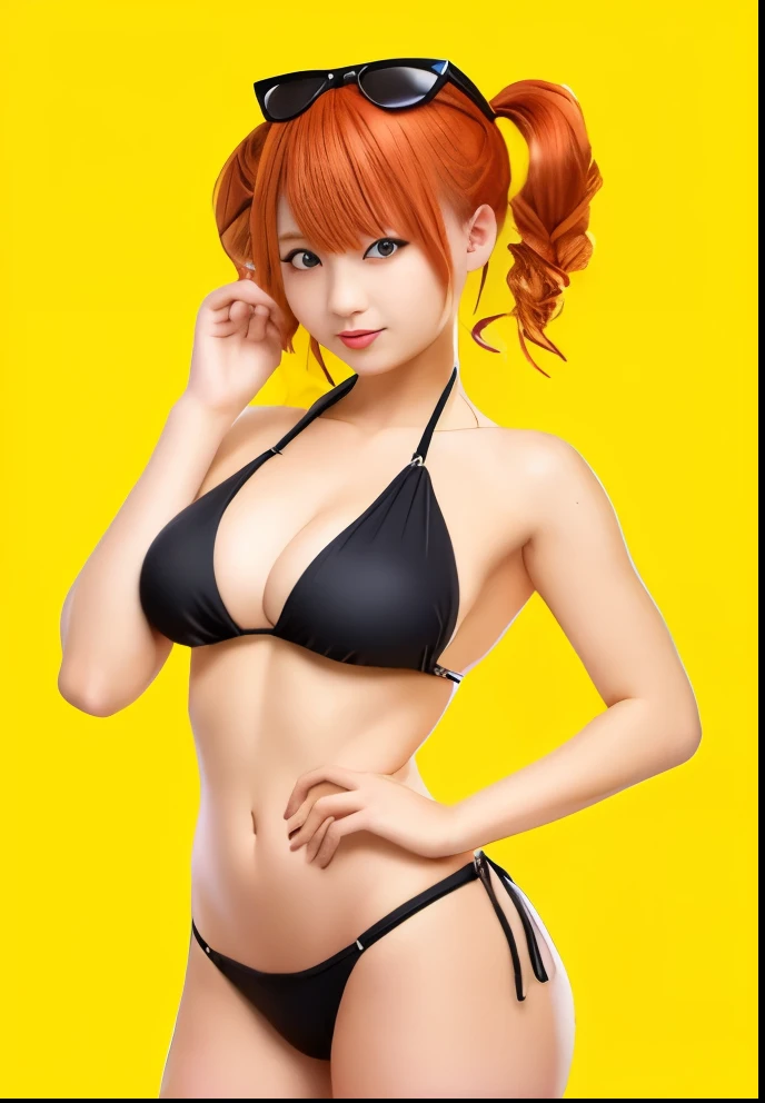 a cartoon picture of a woman in a bikini and a two side up, Girl with long two side up orange hair, drill curler, brown eyed girl, seductive anime girl, Detailed Art Germ, bikini with an black top, bikini with an black bottom, Highly rated on pixiv, shiny black bikini, wearing bikini swimwear, attractive anime girl, swimsuitを着ている, in a triangle bikini, swimsuitを着た男の子, wearing bikini swimsuit,, whole body!!, had very large breasts, big breasts, in a bikini, is wearing a swimsuit, whole body!, swimsuit, whole body:: sunny weather::, clothing: ビキニswimsuit, solo, by :5 sexy: 7, we, whole body!!