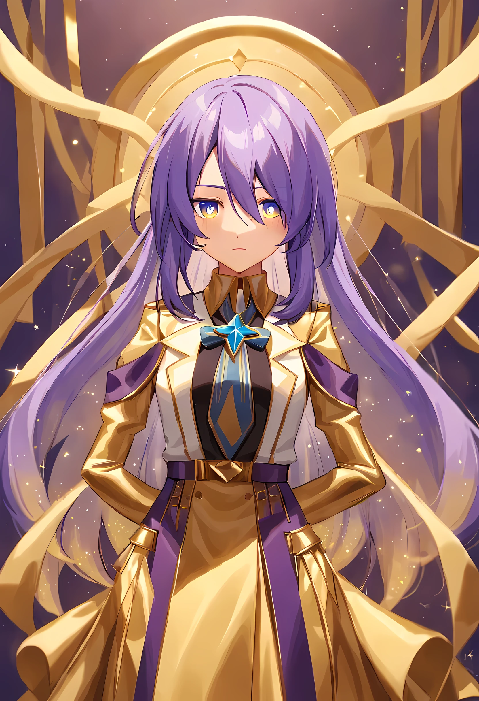 Muna Starnova /(Holographic live broadcast/),Dressed in purple and gold,Beautiful girl in official uniform,hair is purple,long white hair,pupils crimson,A slim waist does not show off the figure