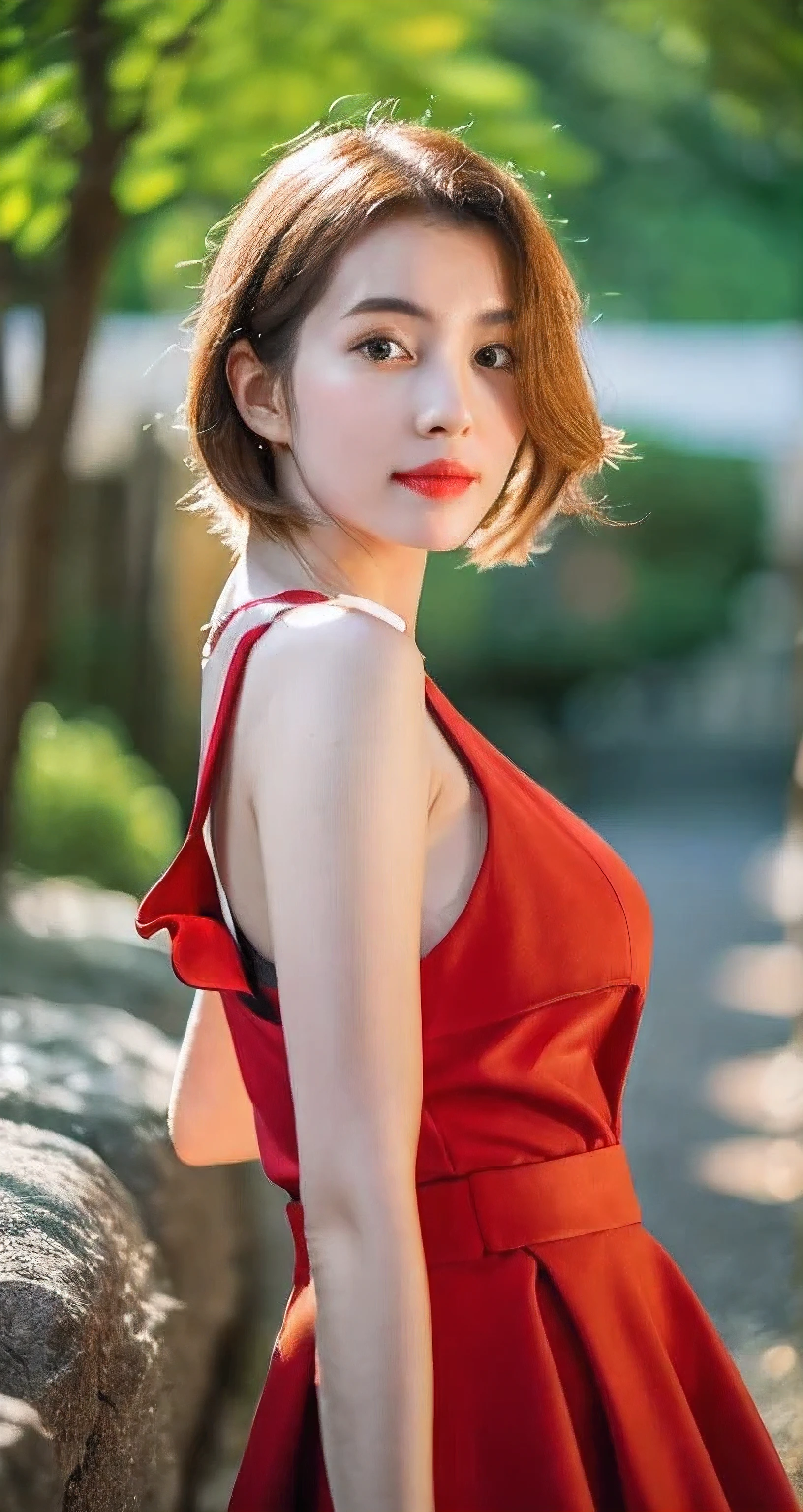(photographed:1.2)、(Photorealsitic:1.4)、(​masterpiece:1.3)、(top-quality:1.4)、超A high resolution、(A detailed eye)、(detailed facial features)、(detailed clothes features)、8K分辨率、solofocus、double eyelids beautiful lips、toned legs、(Slender girl)、(a japanese girl)、(Japan Faces)、1 girl in、Slim Beauty:1.3、(((Hair color ash)))、Delicate hair、nighttime scene、illuminations、Christmas tree on background、long red dress、white longcoat、long boots、Realistic body、de pele branca、Slim body、(short-hair:1.3)、(bangss: 1.2)、Bruising smile、kawaii faces、Lifelike face、Delicate body、((sexy  pose))、stunning lighting
