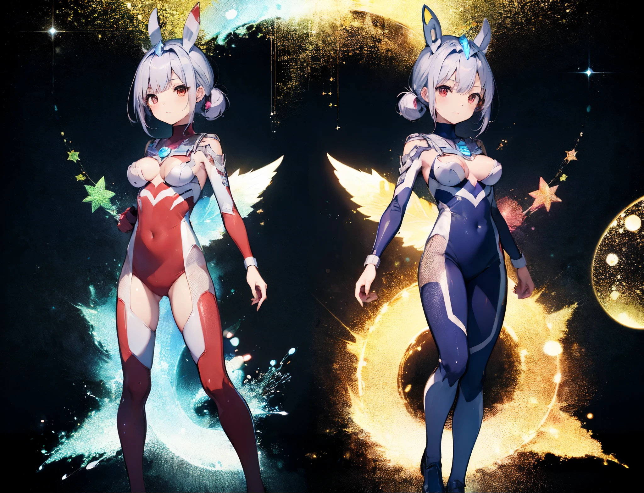 highest quality, ultra detail, High quality CG drawing, The most delicate and beautiful, Floating gently, High resolution, (1 girl), (Highest image quality,4K,8K,masterpiece:1.2)light purple hair,slightly long rabbit ears,Rabbit,long hair,red eyes, (ultra girl :1.0), (silver and red ultraman bodysuit:1.4),slightly bigger breasts