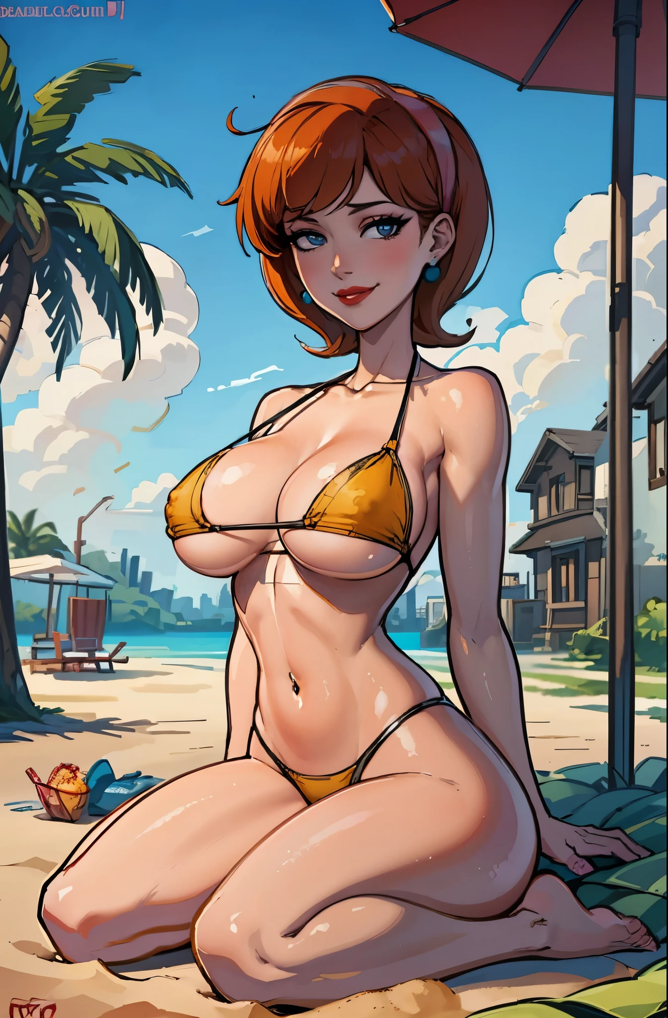 (masterpiece, best quality:1.2), linda_flynn-fletcher, 1girl, jewelry, earrings, solo, lipstick, hairband, makeup, breasts, large breasts, orange hair, short hair, crossed legs,smile, sitting, outdoors, beach, day, looking at viewer, wariza, sky, closed mouth, blue sky, umbrella, cloud, sand, seiza, beach umbrella,clivage ,bikini,A seductive young woman with short twisted braids,(beautiful tits:1.7),