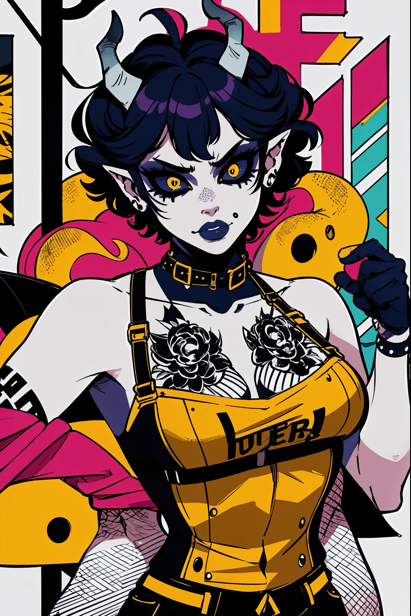 (masterpiece:1.2, best quality), (real picture, intricate details), (1lady, solo, curvy upper body, big ) The clothes are gold ar:avant-garde,avant-garde,Experiment with appearance:curlies,Dramatic makeup,Unconventional fashion choice behavior:rebelliousness、non-conformist、Provocation location:demon eyes,urban art district、Underground music venues Hobbies:Particiwpation in punk shows、creating mixed media art、Try different subcultural values:individuality、Realiy、Creative expression of inspiration:Punk rock music、Counterculture icons,Avant-garde art movement character traits:boldness、boldness、act outside the box。with a raven