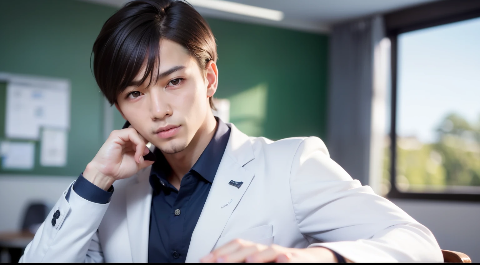 (one boy), (head shot), (handsome high school muscular boy), (he is showing his chest and wearing white and blue school blazer), handsome muscular high school man in the classroom of high school, mischievous smile, (details: 1 1), natural muscles, high quality, beautiful eyes, (detailed face and eyes), ( No face: 1 2), noise, real photo、... PSD, Sharp Focus, High Resolution 8k, Real & Professional Photography, 8K UHD, Soft Lighting, High Quality, Film Grain, FUJIFILM XT3