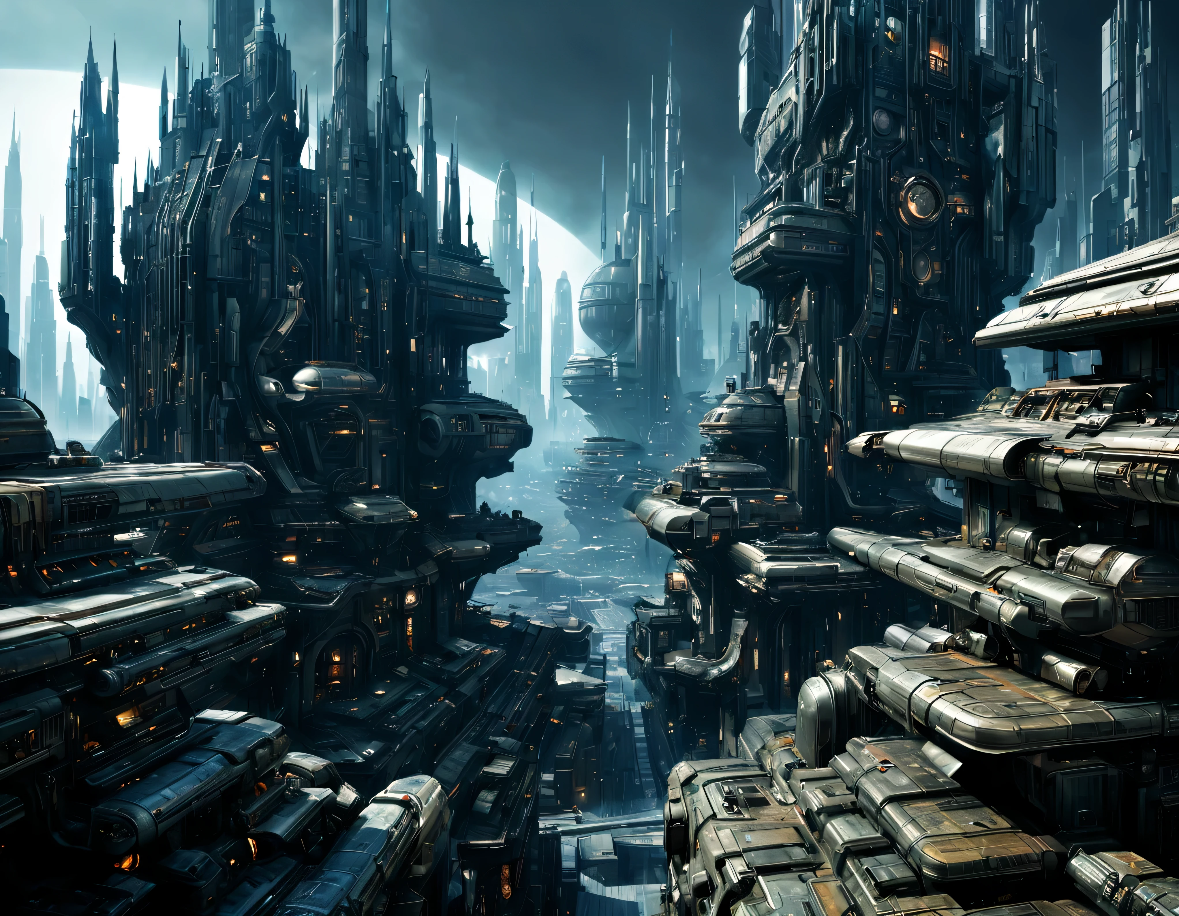 On an unknown planet there is a futuristic fantasy city en una megalopolis similar to the one in the movie Tomorrowland., cyberpunk, century XXV technology, with huge buildings of super technological designs piramidales y octogonales, puentes entre edificios, que forman una infinita avenida con estructuras acristaladas y de metal , donde predomina el bronce, con Colores vivos, pavimento ensolado sin brillo, poca gente paseando, similar a Coruscant, imagen bien definida 8k, (intrincados detalles de la maquina), con muchos edificios juntos.(obra maestra de superior calidad).(imagen fotorrealista), nitidez absoluta hasta el fondo. fondo detallado.