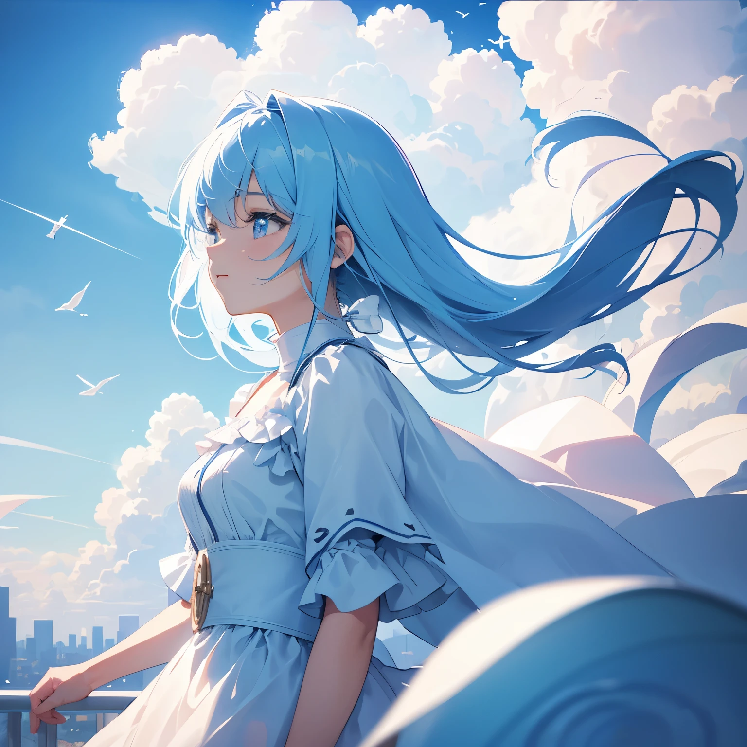 masterpiece, best quality, movie still, 1girl, floating in the sky, cloud girl, cloud, (close-up:1.1), bright, happy, fun, soft lighting