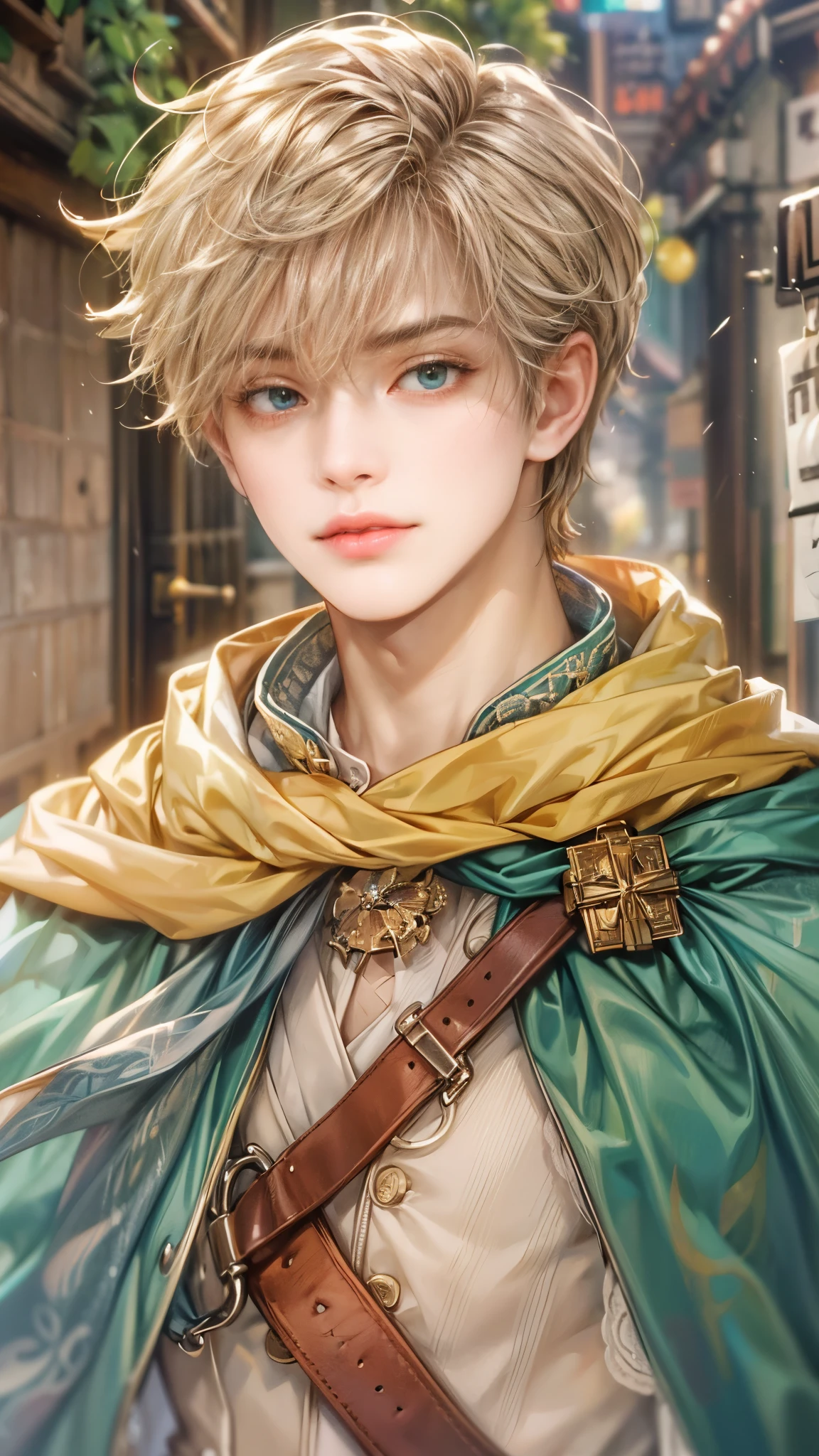 (absurdres, highres, ultra detailed, HDR), masterpiece, Intricate details,best quality picture of a character from Octopath Traveler, handsome boy with random Hair color between peach, apricot, periwinkle, cream, red, blue, green, orange, yellow, or purple, anime eyes, Hero Outfit showing Chest with cape in a random color, detailed town scenery, detailed character, art kenouji
