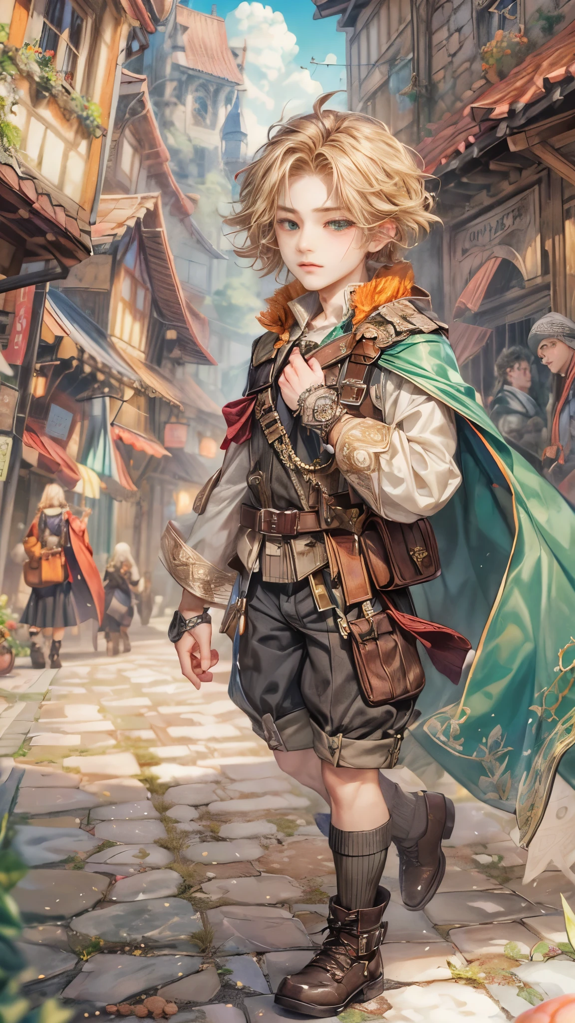 (absurdres, highres, ultra detailed, HDR), masterpiece, Intricate details,best quality picture of a character from Octopath Traveler, handsome teen boy with random Hair color between peach, apricot, periwinkle, cream, red, blue, green, orange, yellow, or purple, anime eyes, Hero Outfit showing Chest with cape in a random color, detailed town scenery, detailed character, art kenouji