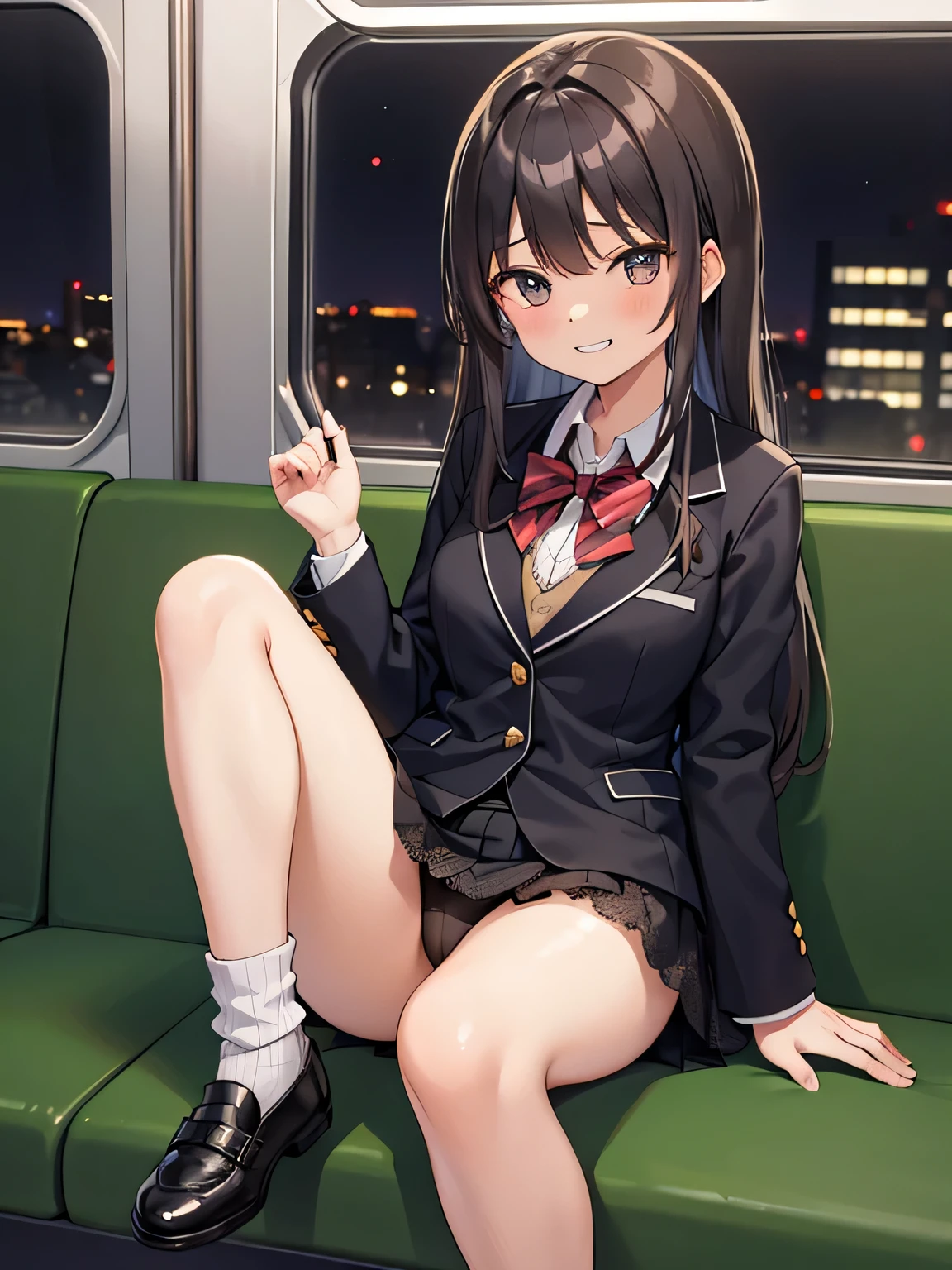 (1) A woman is sitting alone on a long seat on a train. she spreads legs and black lace panties.
She shows her black lace panties to the person in front of her.
(2) She is a high school girl, She is wearing a uniform consisting of a miniskirt, blazer, and loose socks..
(3) she has medium length brown hair.
(4) Her expression is provocative and grinning.
(5) Location: Yamanote Line long seat at night. There are no other customers.