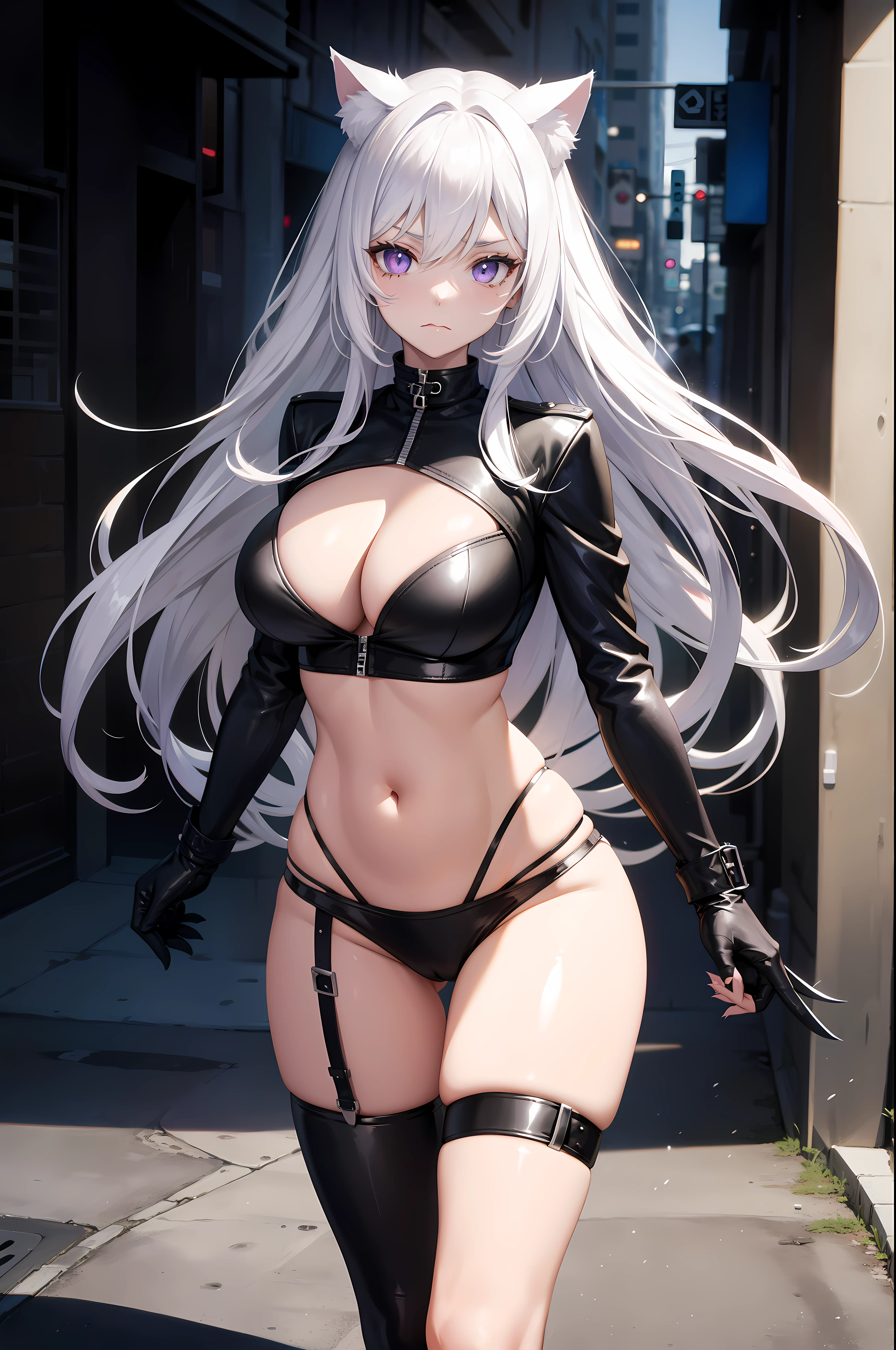 중년여성, long white hair, cat ears, purple eyes, leather jacket, briefs, tear a stocking, black top, open your stomach, Lots of scars, nippers, fury, masterpiece, high quality , big bust , wide , 