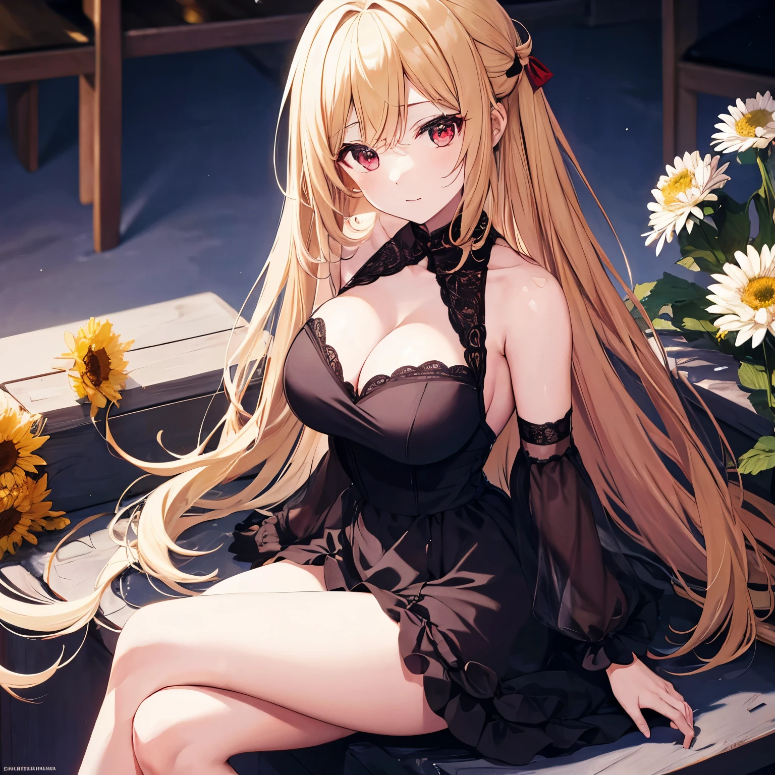 A woman with blonde hair and red eyes, wearing a black dress, held a white chrysanthemum.
