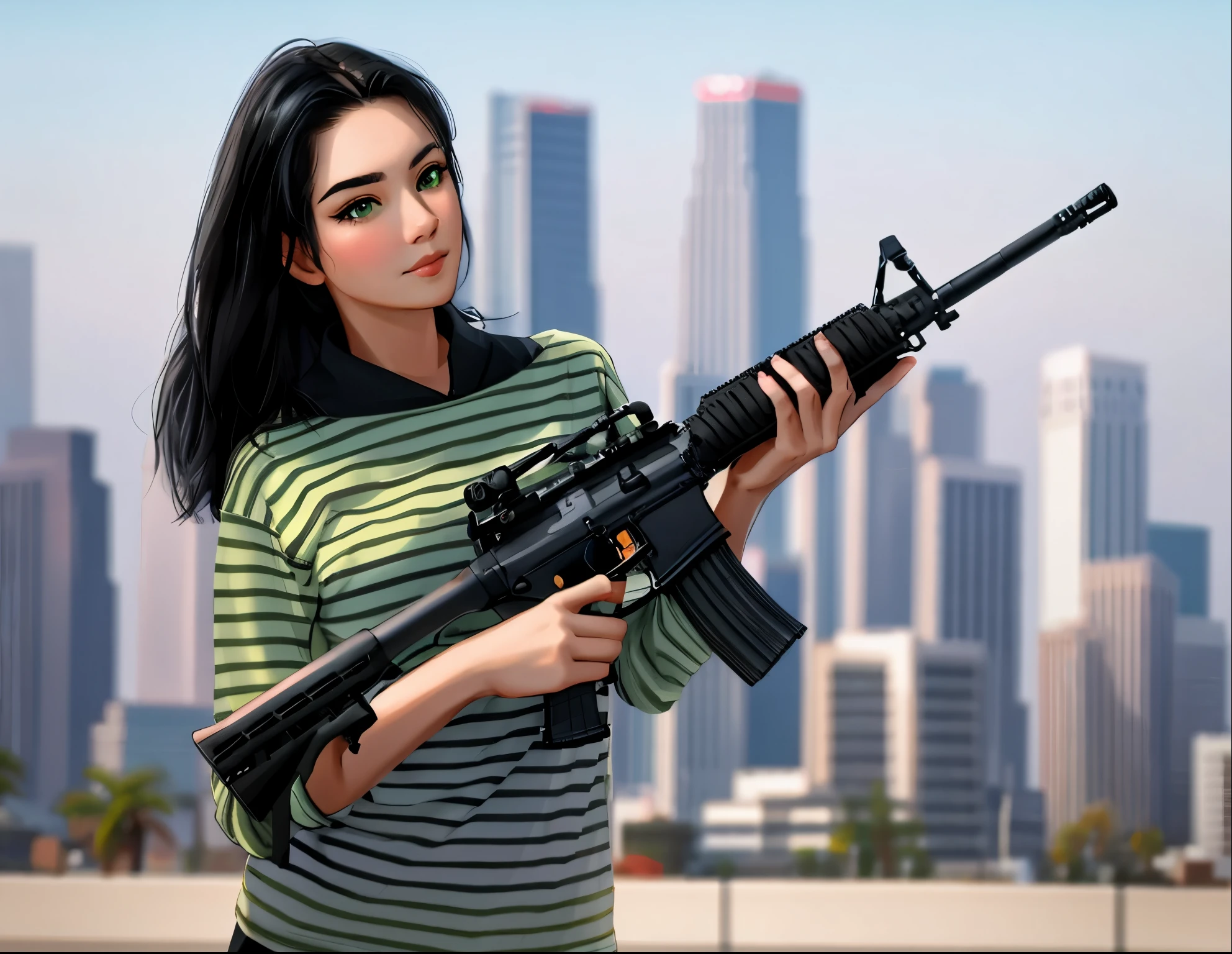 a woman holding a rifle and posing for a picture, holding ar-15, holding rifle, holding a rifle, with rifle in hands, with rifle, carrying a rifle, grabbing a rifle, holding a weapon, holding a sniper rifle, ultra realistic ar 16:9, holding gun, wielding assault rifle, holding a gun, office lady, los angeles backdrop, black hair, green eyes