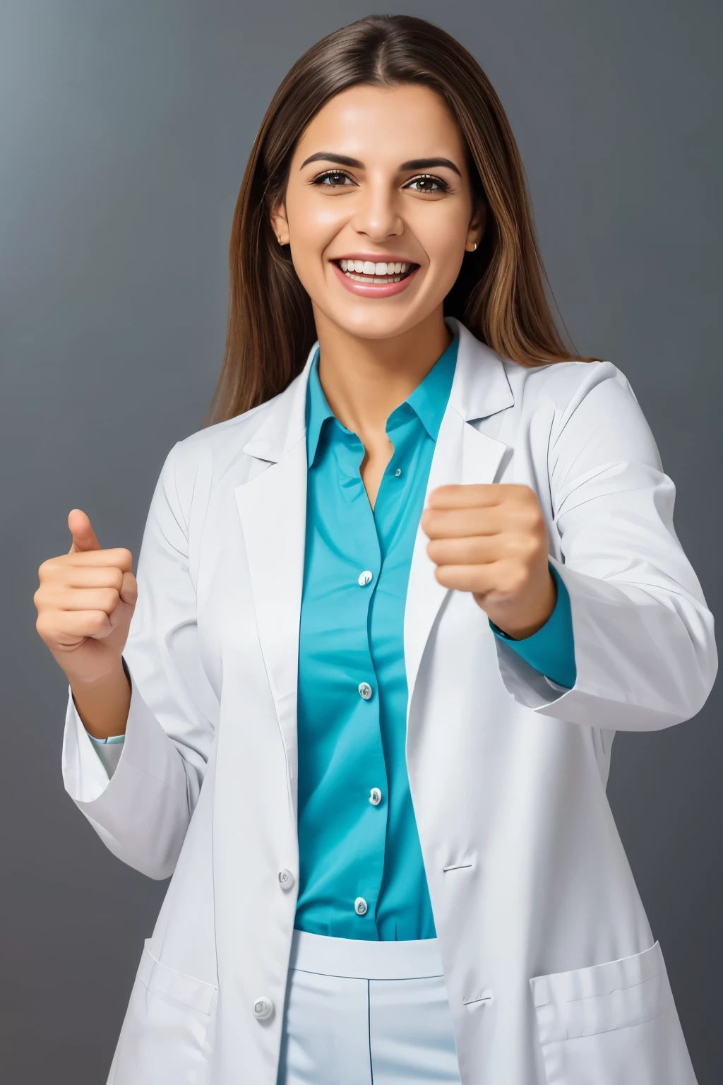 (melhor qualidade, ultra realista, detalhes nitidos) brasilian, pharmacist woman raising her fists, wearing a lab coat, smiling and excited. She is expressing joy with an excited expression, feeling delighted and cheerful. Completely overtaken by excitement, her facial expression radiates enthusiasm, bursting with positive energy. Professional pharmacist, white background.