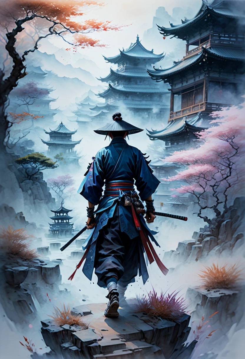 watercolor artwork, ancient dreamscape, arcane samurai, fantasy art, surreal, ethereal, mystical haze, stunning watercolor painting on canvas, (best quality, masterpiece, Representative work, official art, Professional, Ultra intricate detailed, 8k:1.3)