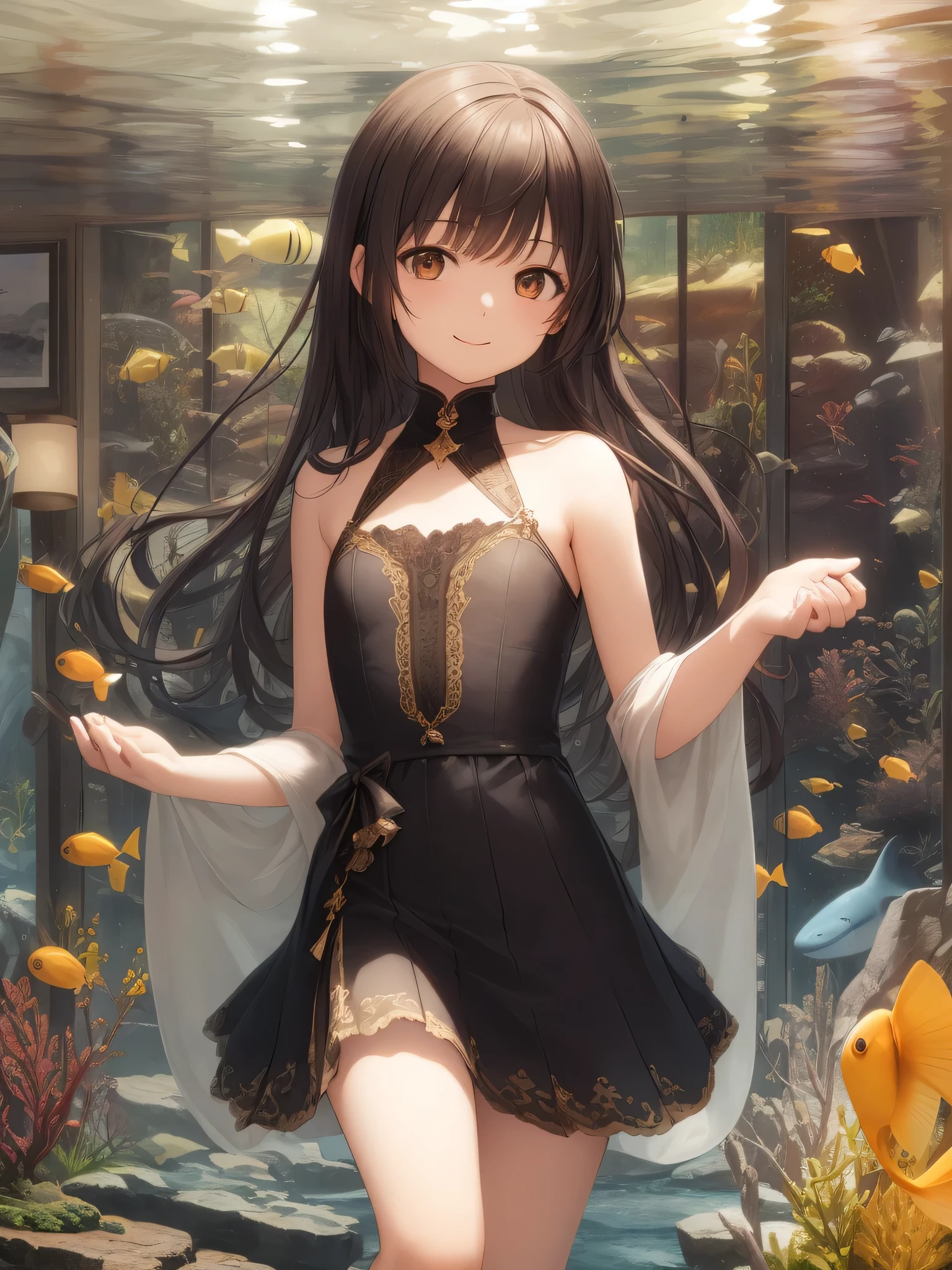 (best quality), (ultra-detailed), (llustration), (detailed light), (an extremely delicate and beautiful), 1young girl, long hair, brown eyes, (smile slightly, Innocent and cute expression), model, Enchanting, Sublime, Ethereal, fantastic, extremely detailed CG unified 8k wallpaper, High-definition raw color photos, professional photography, (Bokeh), indoors, (aquarium), whale shark, shark, small fish, napoleon fish, Backlighting, depth of fields,
