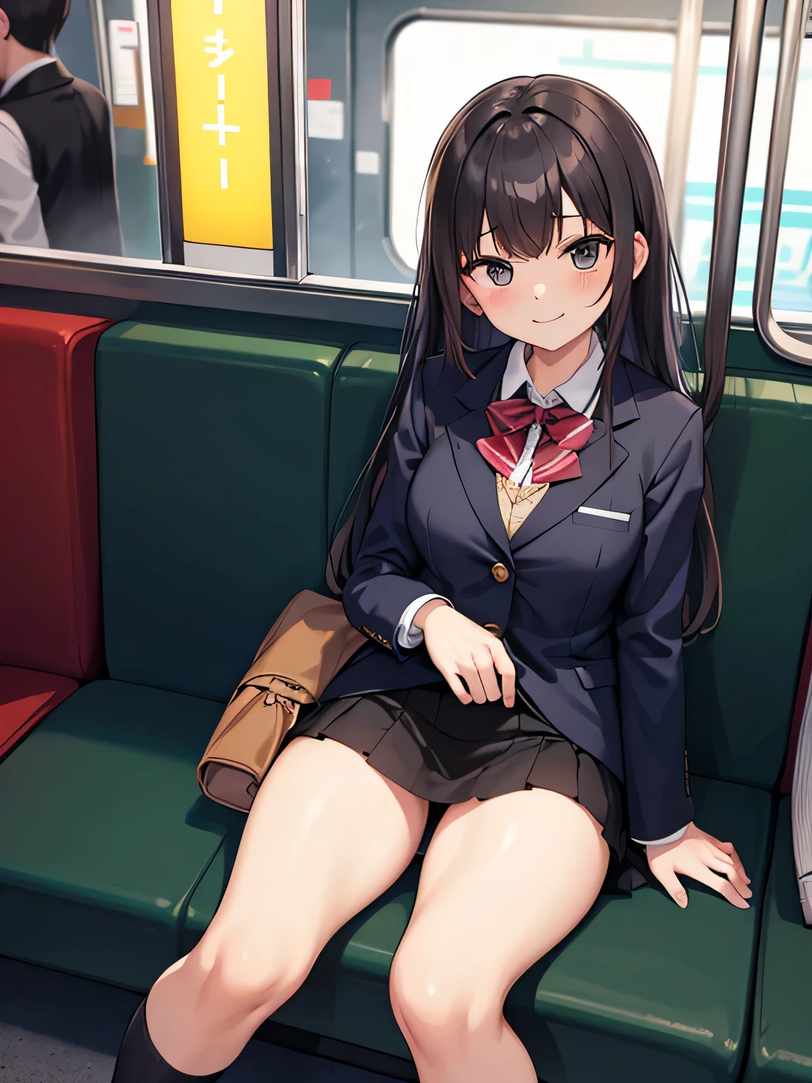 (1) A woman is sitting alone on a long seat on a train. she spreads legs and black lace panties.
She shows her black lace panties to the person in front of her.
(2) She is a high school girl, She is wearing a uniform consisting of a miniskirt, blazer, and loose socks..
(3) she has medium length brown hair.
(4) Her expression is provocative and grinning.
(5) Location: Yamanote Line long seat at night. There are no other customers.