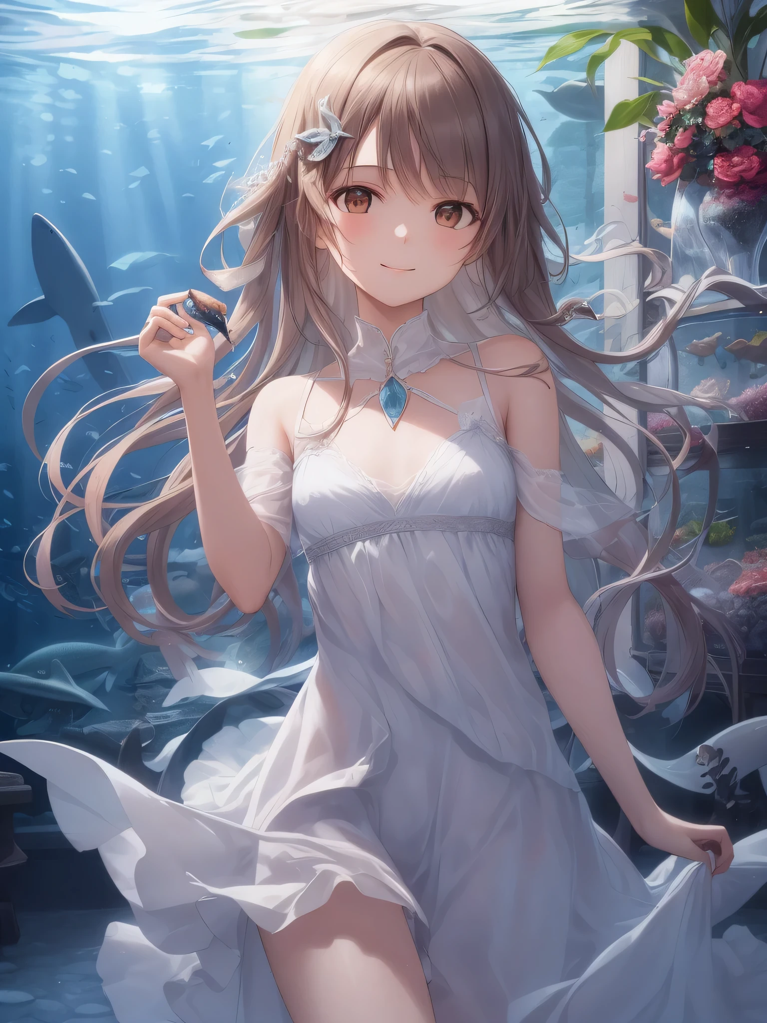 (best quality), (ultra-detailed), (llustration), (detailed light), (an extremely delicate and beautiful), 1young girl, long hair, brown eyes, (smile slightly, Innocent and cute expression), model, Enchanting, Sublime, Ethereal, fantastic, extremely detailed CG unified 8k wallpaper, High-definition raw color photos, professional photography, (Bokeh), indoors, (aquarium), whale shark, shark, small fish, napoleon fish, Backlighting, depth of fields,