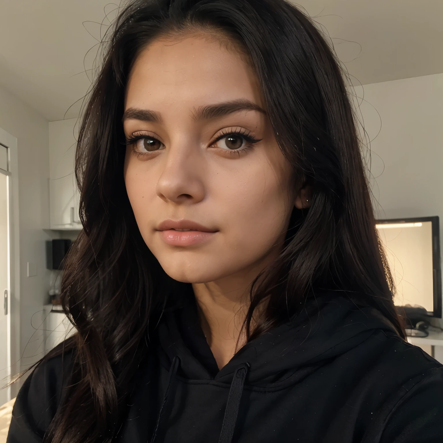arafed woman with long black hair and a a black hoodie , violet myers, 18 years old, taken in the early 2020s, 1 6 years old, headshot profile picture, ayahausca, gorgeous latina face, profile image, 21 years old, 2 2 years old, 19-year-old girl, alanis guillen, average breasts, wearing a Latina makeup