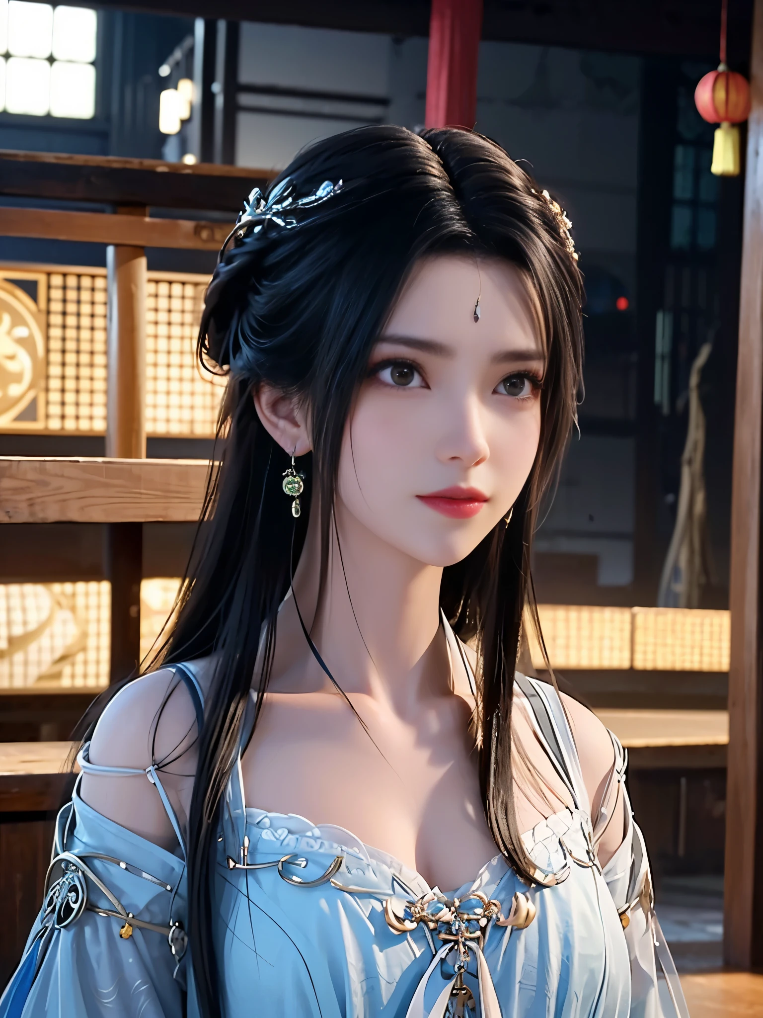 alone, 1 Beautiful women, Wuxia World, (1 girl), (whole body), (Xiuxian World), Chinese Immortal Wuxia, (Black cross-collar top, Silk robes, embroidered cloak, hollow pattern), black hair, Chinese round bun, hairpin, light pink lips, (young), facial highlight, Upper body, Detailed face, White skin, ponytail, braid, look at the audience, big eyes, earrings, slim figure, professional lighting, photon mapping, Radiosity, Physically based rendering, 8K Ultra HD, SLR camera, soft light, high quality, high resolution, (Very detailed CG Unity 8k wallpaper)