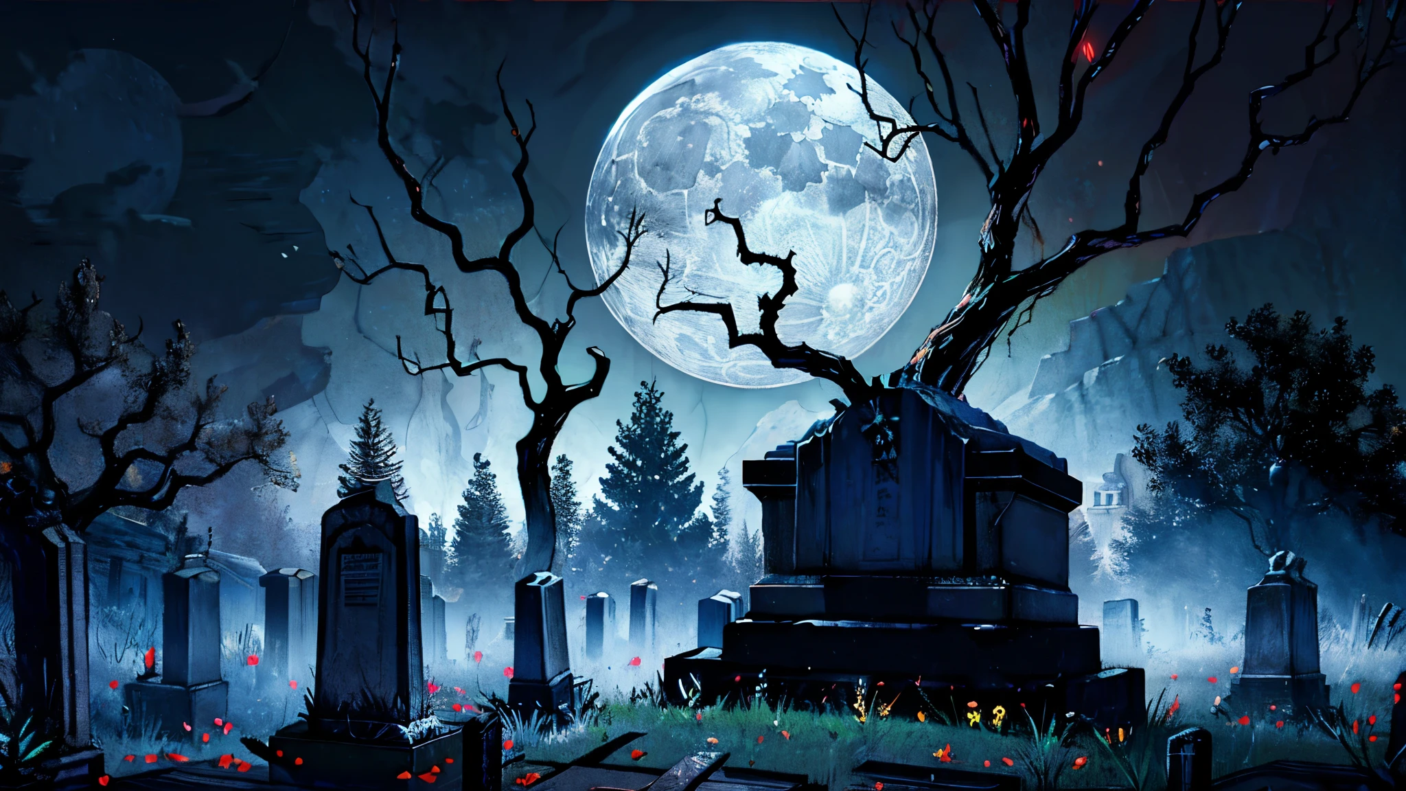 a gloomy cemetery full of macabre trees and ancient tombs on a full moon night, an evil creature surrounding a black aura