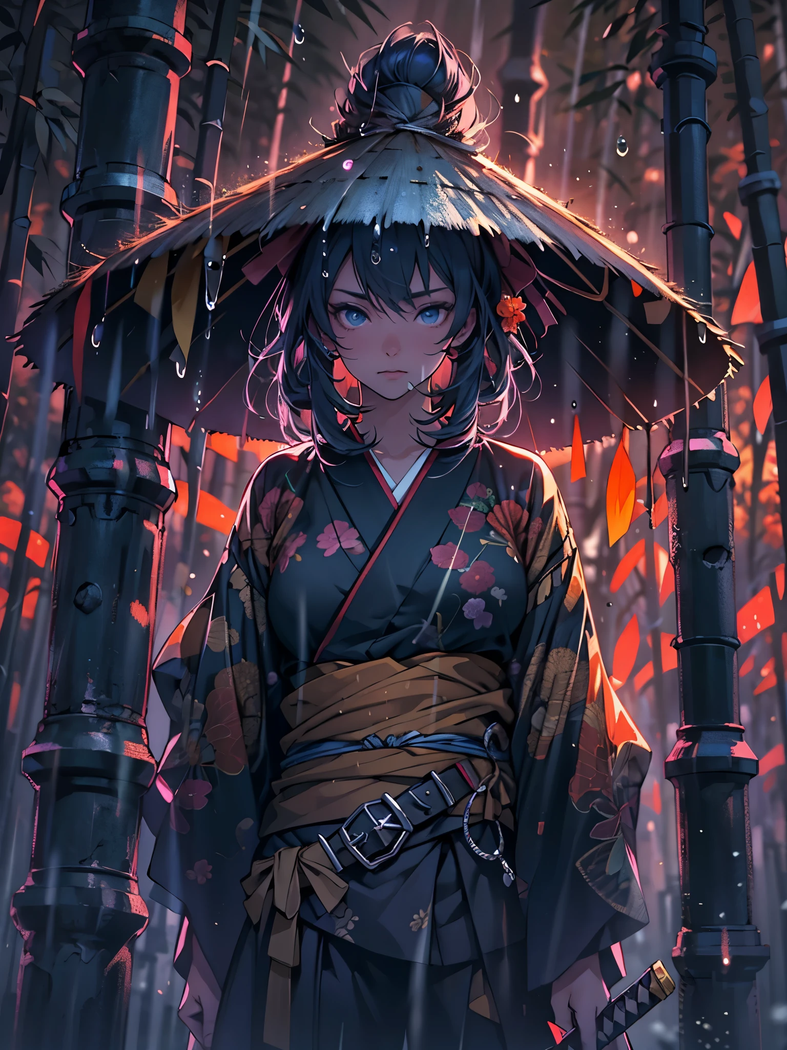 best quality, highres, ultra-detailed, realistic, HDR, moody, dark, bamboo hat, detailed raindrop effect, bamboo forest, moonlit night, black kimono with glowing red stripes, shining katana, epic scene