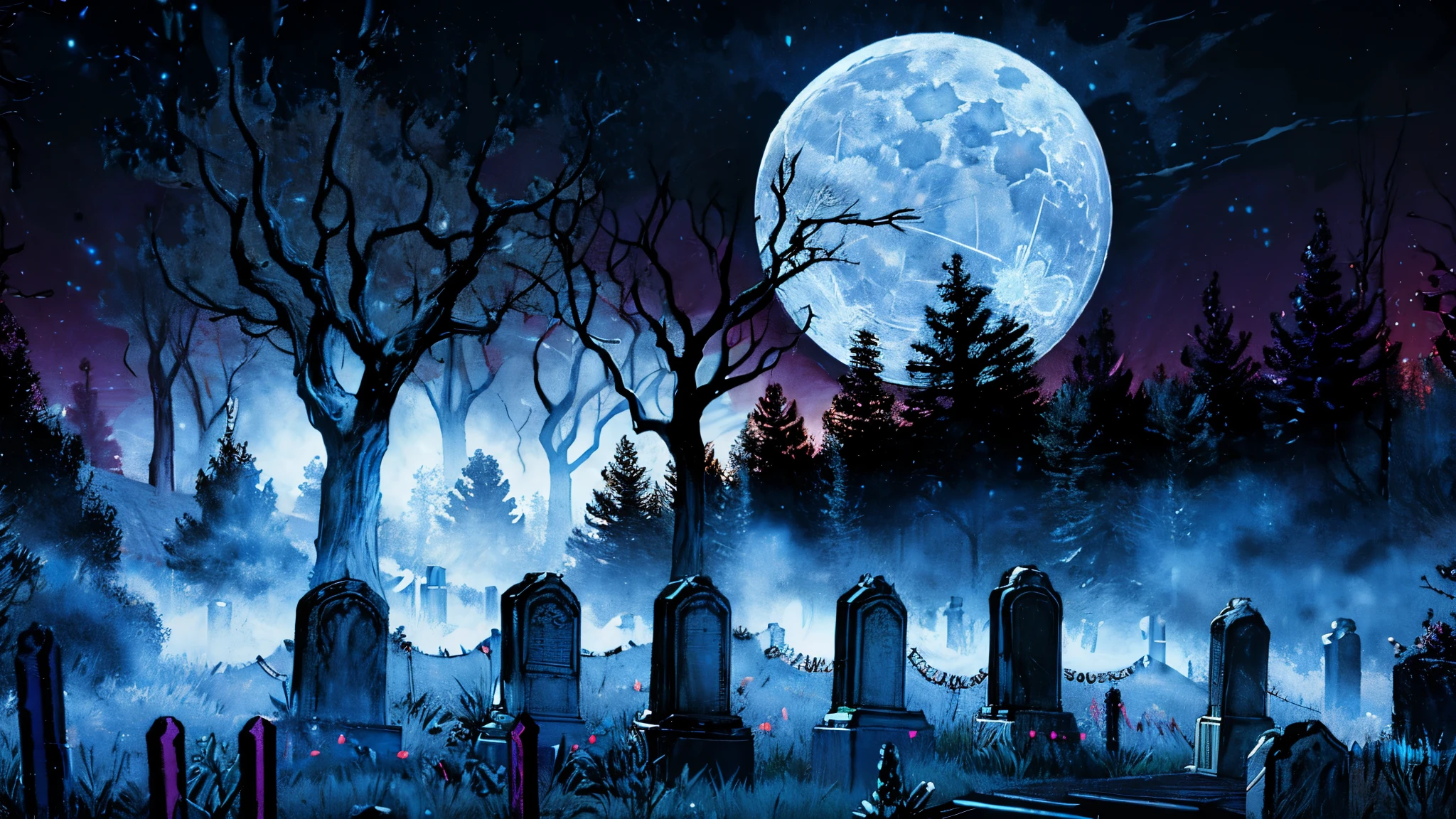 a gloomy cemetery full of macabre trees and ancient tombs on a full moon night, an evil creature surrounding a black aura