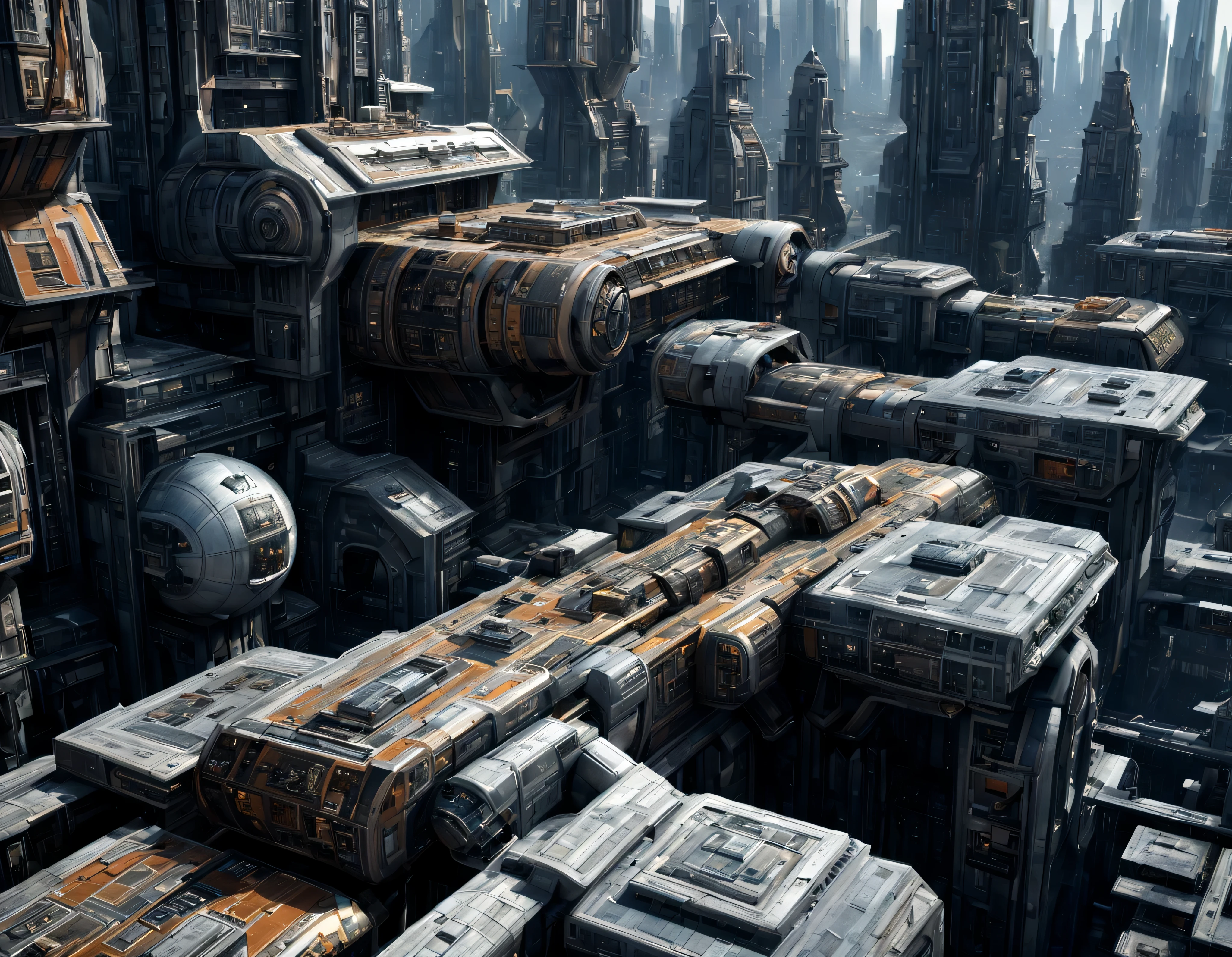 (The city of Coruscant from Star Wars as designed by Doug Chiang), futuristic fantasy city with immense buildings of technological design (que forman una avenida infinita), non-blurred compact buildings with metallic y acristalada appearance ovalados y dodecaedricos, luces en ventanas en edificios, daylight lighting with sun, con estructuras acristaladas espectaculares, en las que abundan el oro, plata y bronce, (con colores vivos). pavimento ensolado (sin brillo). gente paseando. imagen bien definida con muchos edificios juntos. sharp well defined 8k image. los edificios llegan alta el fondo.,8k. cinematographic image. ((obra maestra de superior calidad)). (renderizado 3D). fondo nitido.
