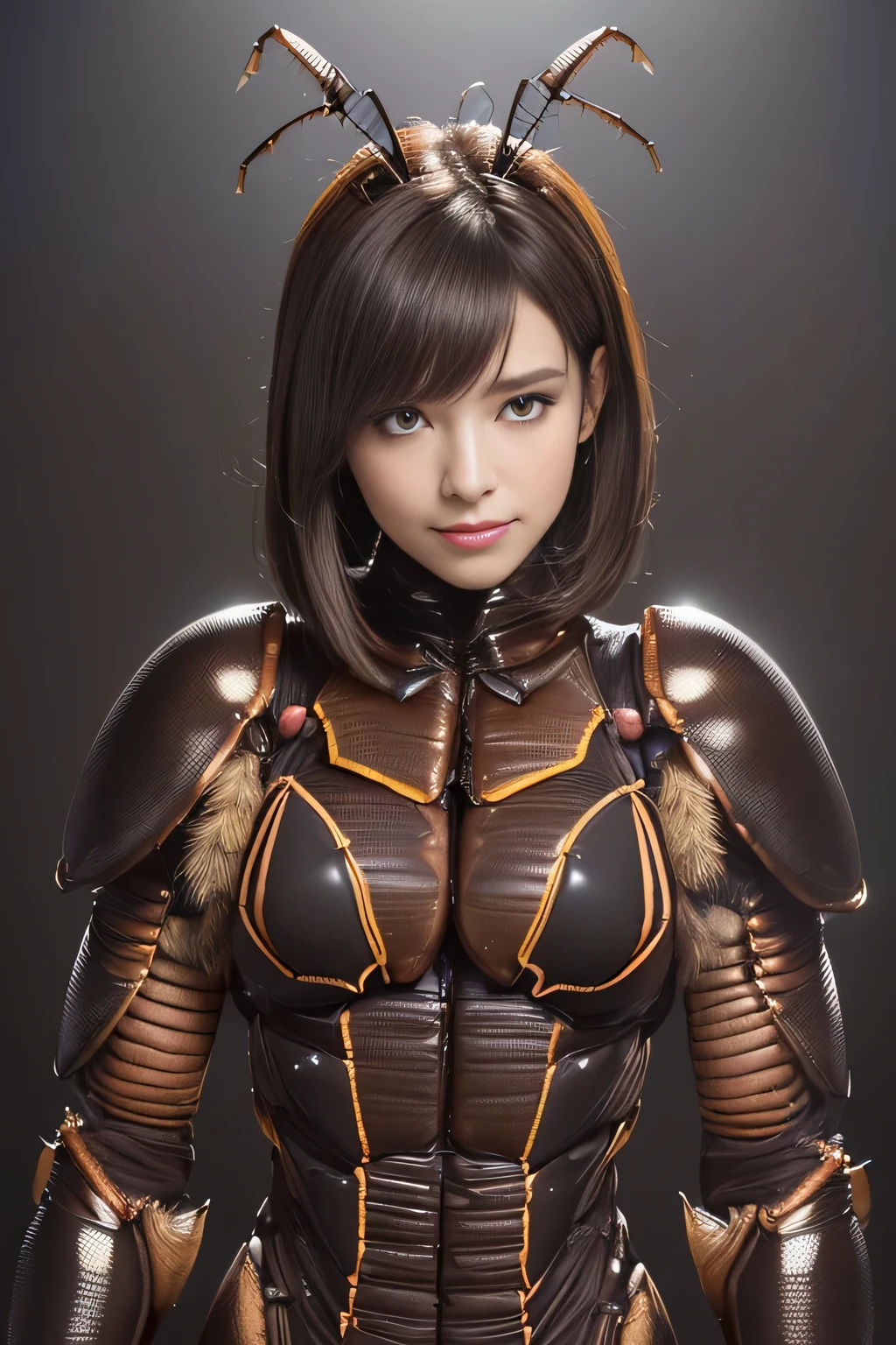 (High resolution,masterpiece,highest quality,Very detailed CG, anime, official art:1.4), realistic, photograph, amazing detail, everything is complicated, shiny and glossy,Amazing number of layers, 8K wallpaper, 3D, sketch, cute, figure,( alone:1.4), perfect female proportions,villain&#39;s daughter, (Fusion of dark brown cockroach and lady:1.4), (brown cockroach woman:1.2), (brown cockroach woman:1.2), (Fusion:1.2), (alone:1.4), (evil smile:1.2), muscular, abs, (Cockroach brown exoskeleton bio insect suit:1.4), (Cockroach brown exoskeleton bio insect armor:1.2), (brown transparent cockroach feathers:1.4), (Antennae of brown cockroaches:1.3),