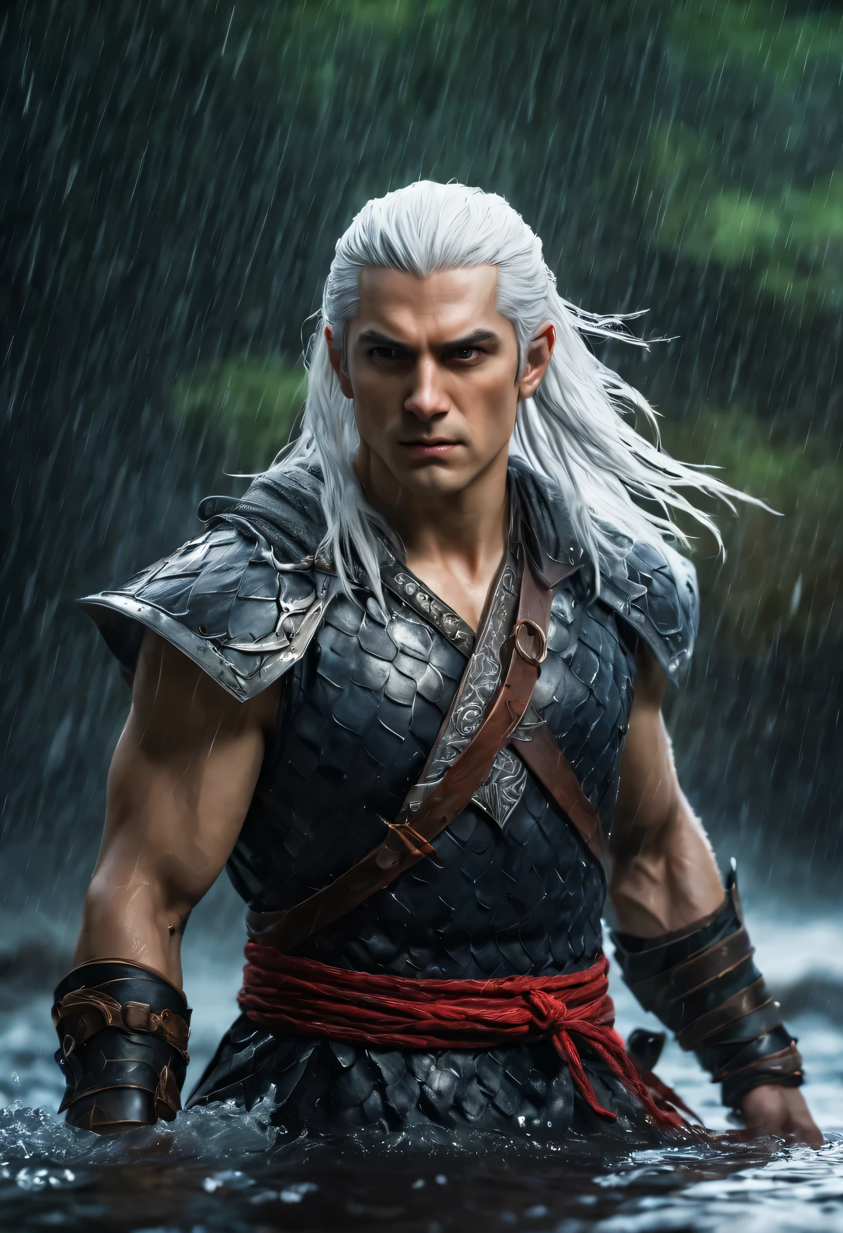 best quality，Ultra-fine，The white-haired warrior appears in the water ，（lifelike，photorealism：1.37），bright colors，clear focus，Defocused，（fantasy：1.2），（mystical landscapes），（dynamic poses：1.37），（intense gaze），（Extraordinary power），（the power of myth），black and red，rainy day
