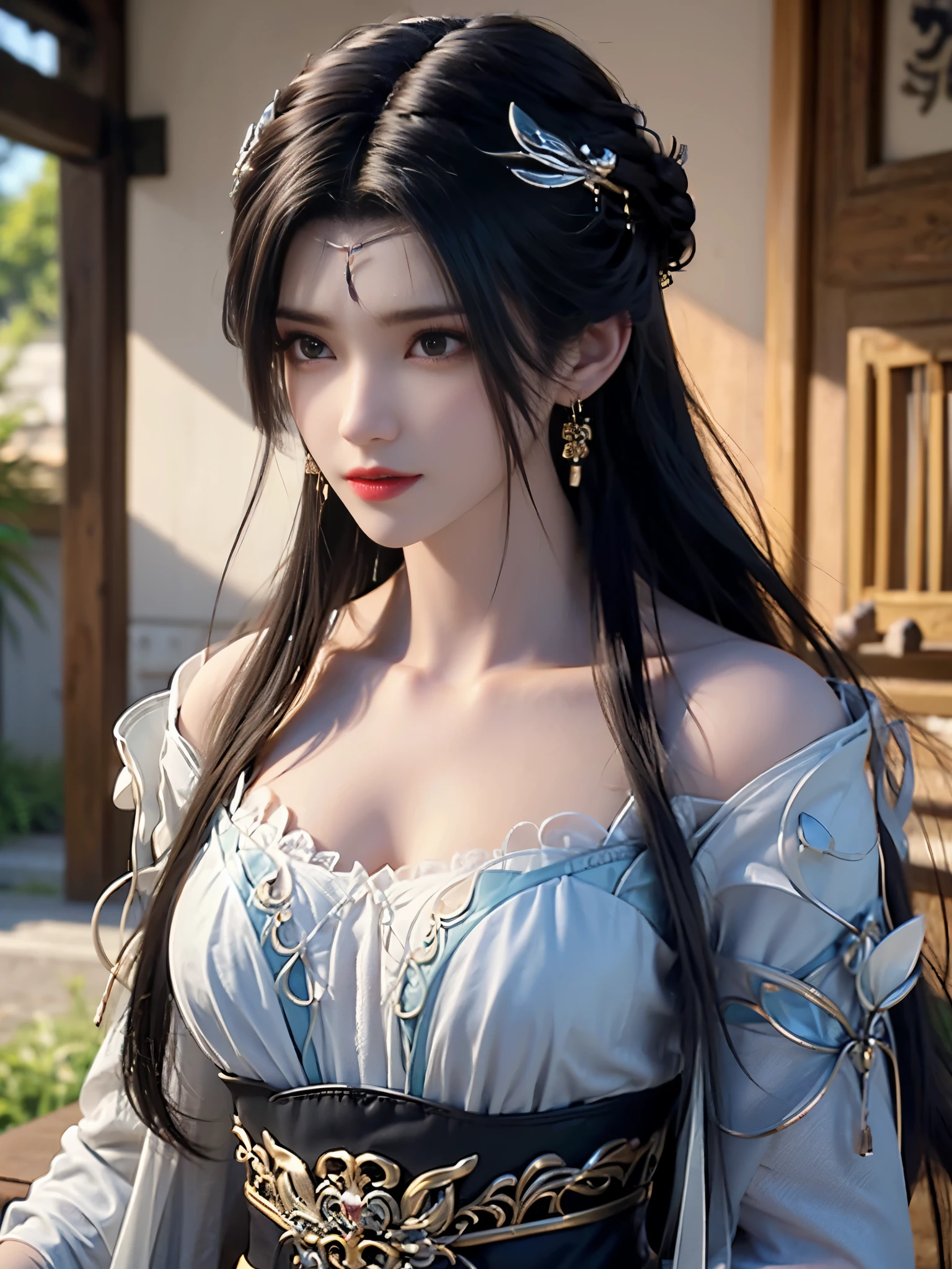 alone, 1 Beautiful women, Wuxia World, (1 girl), (whole body), (Xiuxian World), Chinese Immortal Wuxia, (Black cross-collar top, Silk robes, embroidered cloak, hollow pattern), black hair, Chinese round bun, hairpin, light pink lips, (young), facial highlight, Upper body, Detailed face, White skin, ponytail, braid, look at the audience, big eyes, earrings, slim figure, professional lighting, photon mapping, Radiosity, Physically based rendering, 8K Ultra HD, SLR camera, soft light, high quality, high resolution, (Very detailed CG Unity 8k wallpaper)