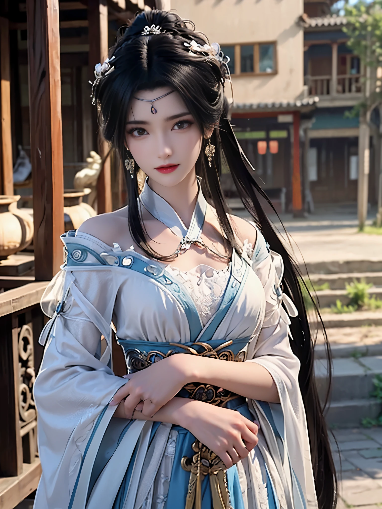 alone, 1 Beautiful women, Wuxia World, (1 girl), (whole body), (Xiuxian World), Chinese Immortal Wuxia, (Black cross-collar top, Silk robes, embroidered cloak, hollow pattern), black hair, Chinese round bun, hairpin, light pink lips, (young), facial highlight, Upper body, Detailed face, White skin, ponytail, braid, look at the audience, big eyes, earrings, slim figure, professional lighting, photon mapping, Radiosity, Physically based rendering, 8K Ultra HD, SLR camera, soft light, high quality, high resolution, (Very detailed CG Unity 8k wallpaper)