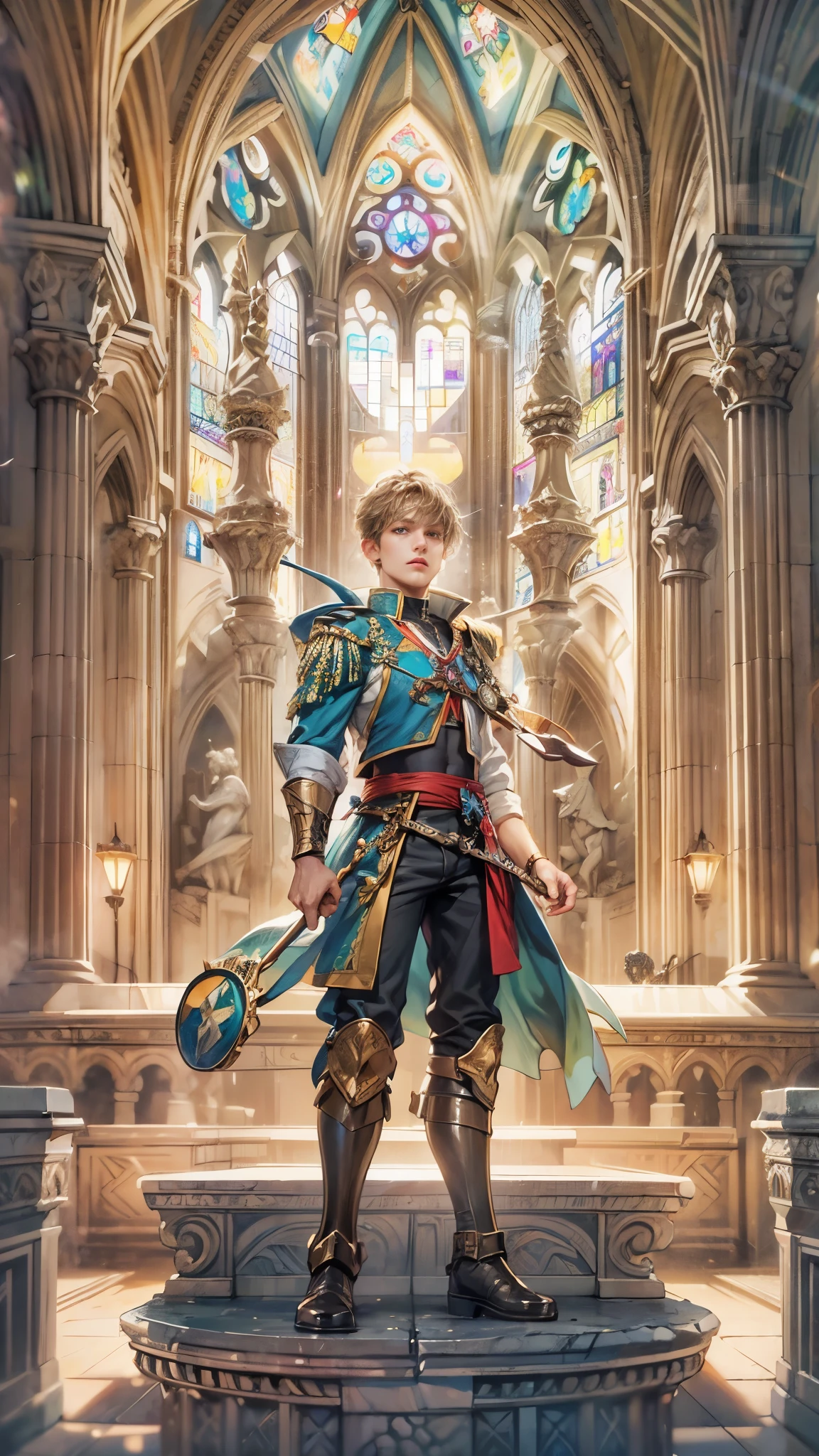 (absurdres, highres, ultra detailed, HDR), masterpiece, introcate details, best quality picture of a character from Valkyrie Anatomia, an einherjar with handsome looks, cool hero, short hair, anime eyes, matured , fantastic outfit showing chest, crop top, detailed cathedral interiors, window beach scenery, detailed character, art kenouji