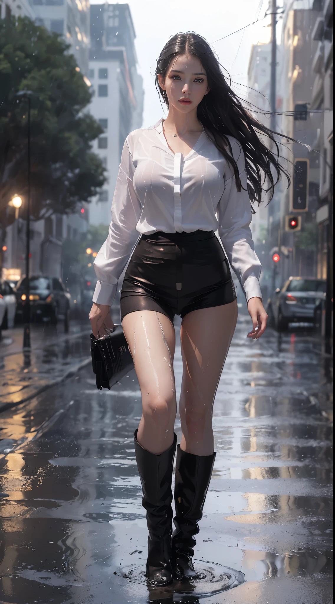 pretty cute asian girl topless and naked, wearing cap and glasses, holding baseball bat or knife, boots, sweaty, posing standing roadside, cars on road, night time dark sky metropolitan, raining, sweaty skin, shiny skin, wet messy hair ((heavy metal chain)), water splashes