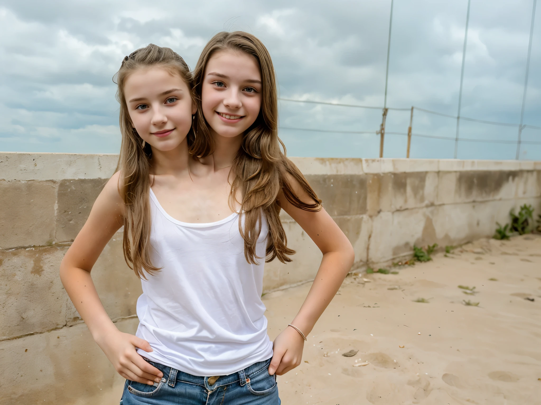 2heads, two headed girl, (a 13 year old girl and a 17 year old girl:1.5)