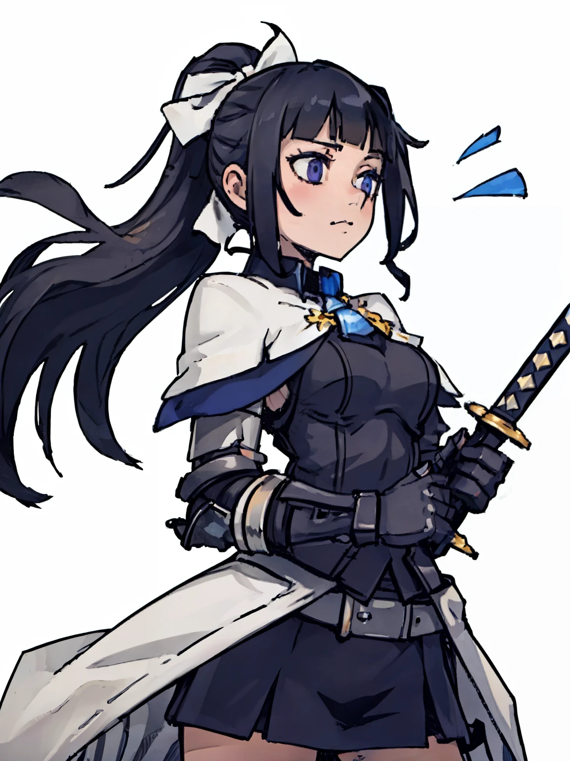 （（a woman，front，whole body，Light Armor，black hair，high ponytail），Blue by Capelet，holding a bow，student，cute，Sword and magic style，Different world，middle Ages，White background