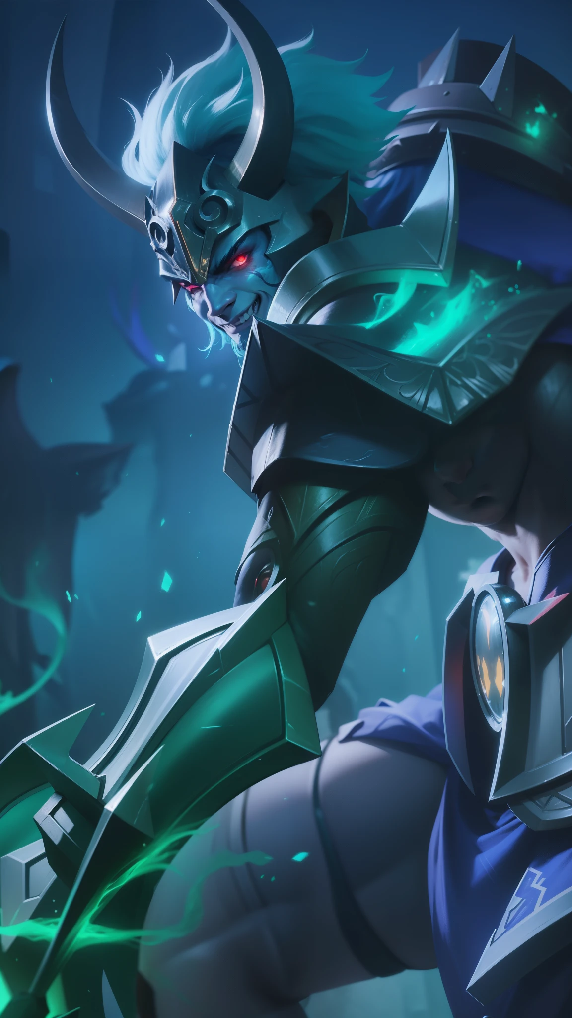 Boy with two big horns, big earrings on ears, elf ear, red eyes, Thick eyebrows, evil smile, grinning,red body, red face, Burning skin, yellow diamonds glistening on chest, burning red skin,golden robe behind, big white belt , 8k , realistic, scary, close-up of a person wearing a gold costume with a spear, inspired by Alpha Crimson Warrior, mobile legends splash art, fuchsia skin under armor, official splash art, shaco from mobile legends, mobile legends style, splash art, mobile legends splash art legend, iconic character splash art