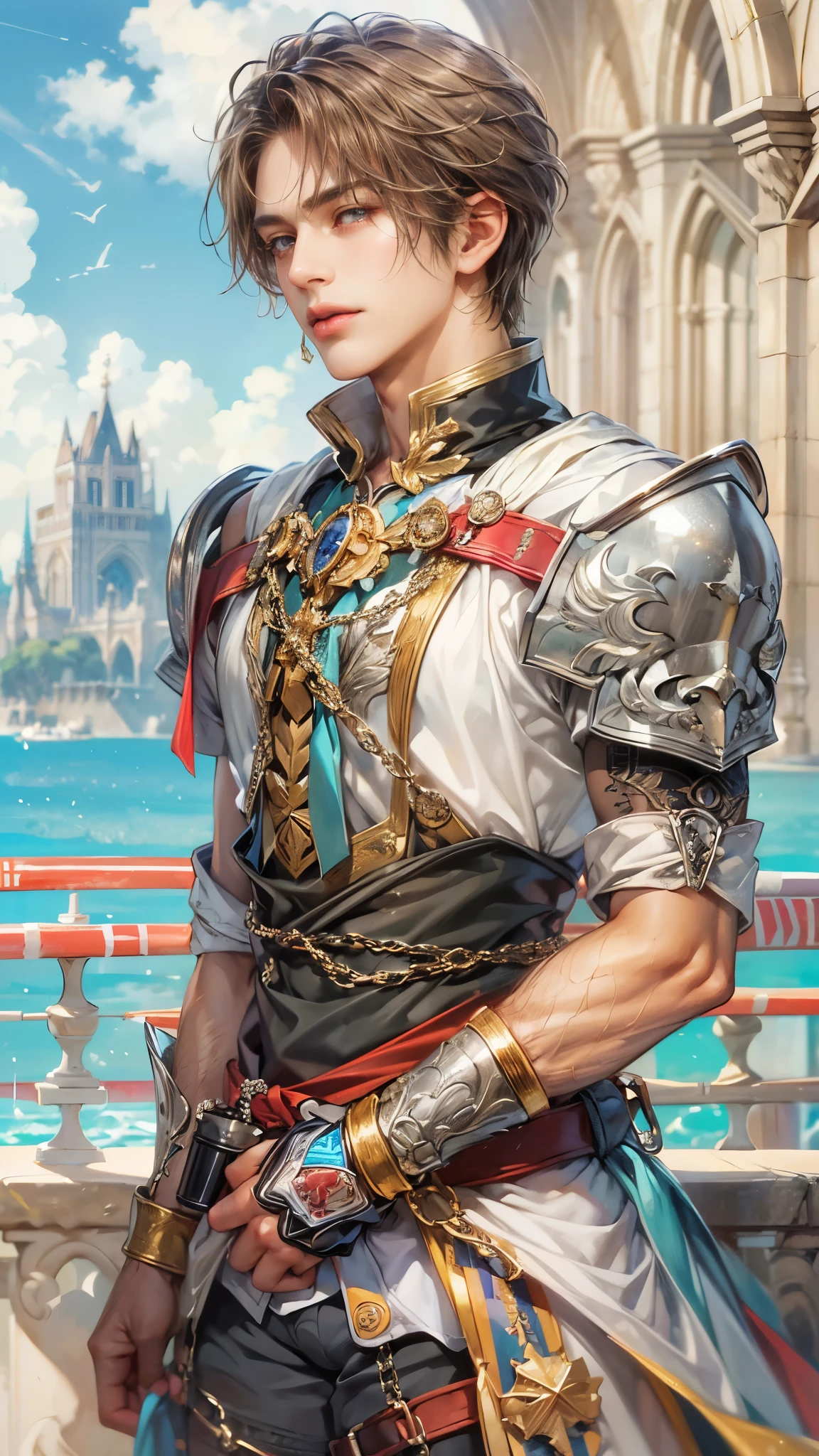 (absurdres, highres, ultra detailed, HDR), masterpiece, intricate details, best quality close-up picture of a character from Valkyrie Anatomia, an einherjar with handsome looks, cool hero, short hair, anime eyes, matured , fantastic outfit showing chest, crop top, detailed cathedral interiors, window beach scenery, detailed character, art kenouji