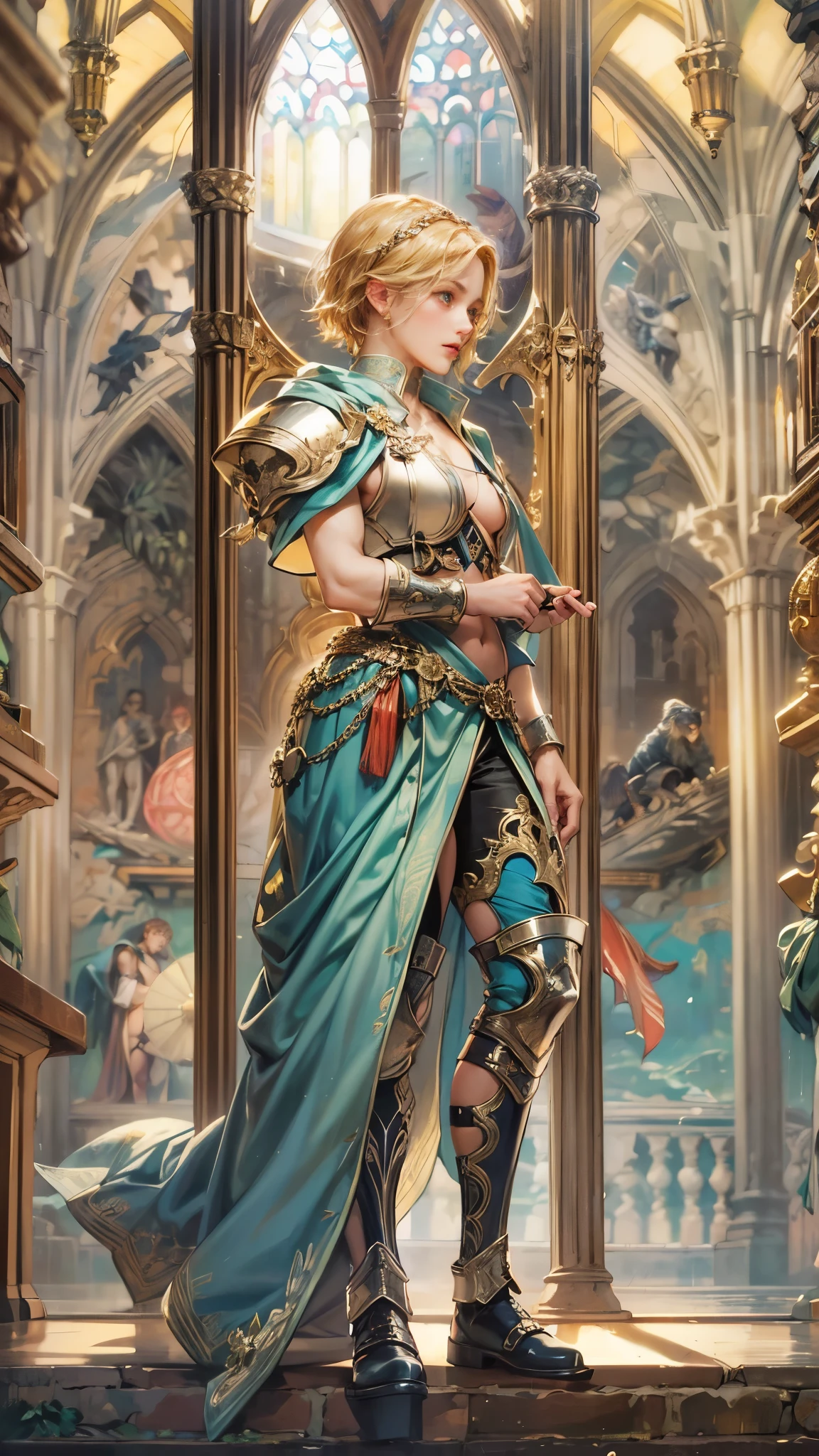(nonsense, height, very detailed, HDR), Masterpiece, complicated details, The best quality close-ups of the characters from Valkyrie Anatomia., einherjar with a handsome face, korean men, short hair, anime eyes, matured teenager, Miraculous outfit showing off breasts, crop top, Detailed dungeon interior, Underworld scenery window, Detailed characters, Kenouji Art