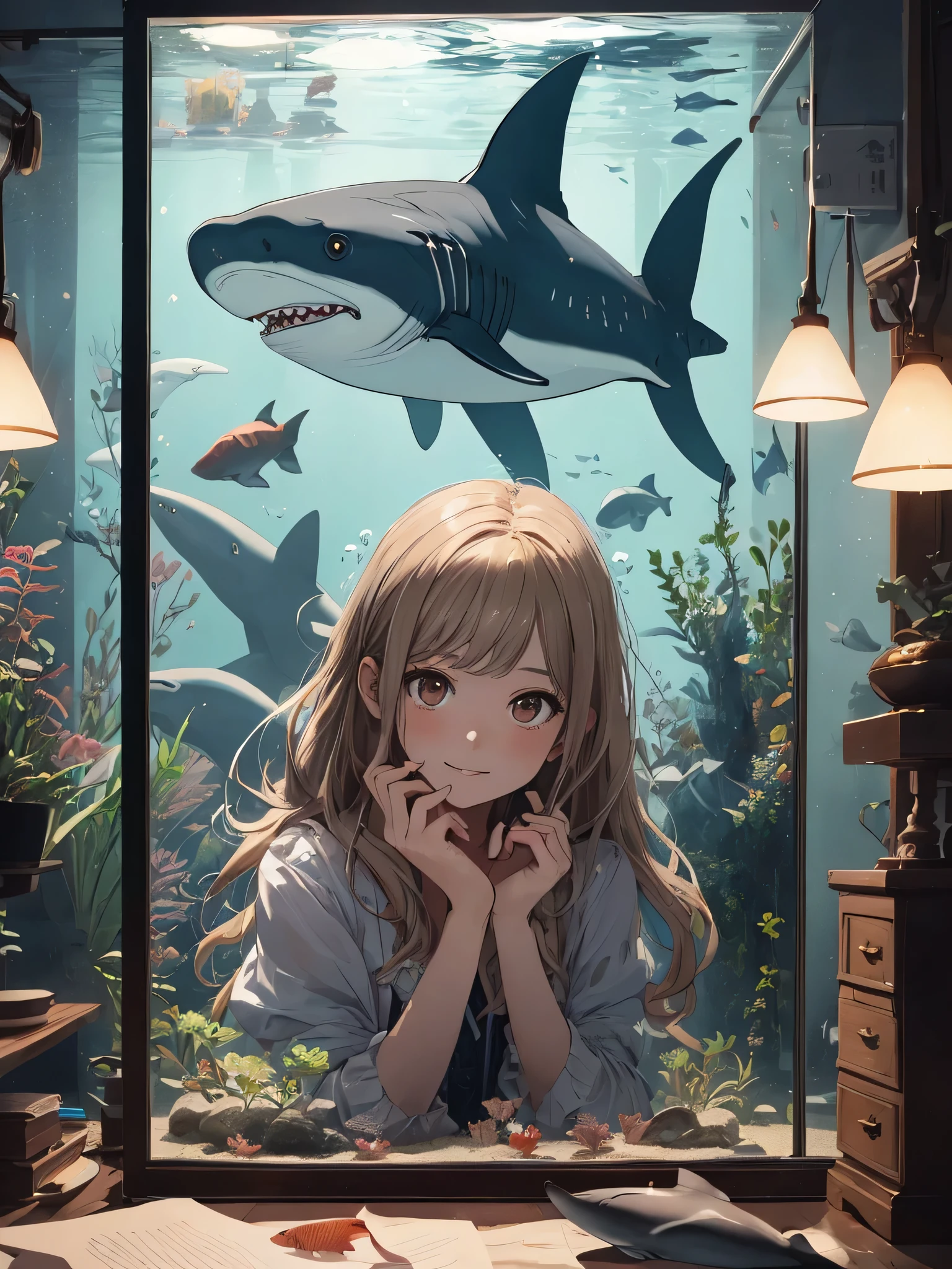 (best quality), (ultra-detailed), (llustration), (detailed light), (an extremely delicate and beautiful), 1ung girl, long hair, brown eyes, (smile slightly, Innocent and cute expression), model, Enchanting, Sublime, Ethereal, fantastic, extremely detailed CG unified 8k wallpaper, High-definition raw color photos, professional photography, (Bokeh), indoors, (aquarium), whale shark, shark, small fish, napoleon fish, Backlighting, depth of fields,