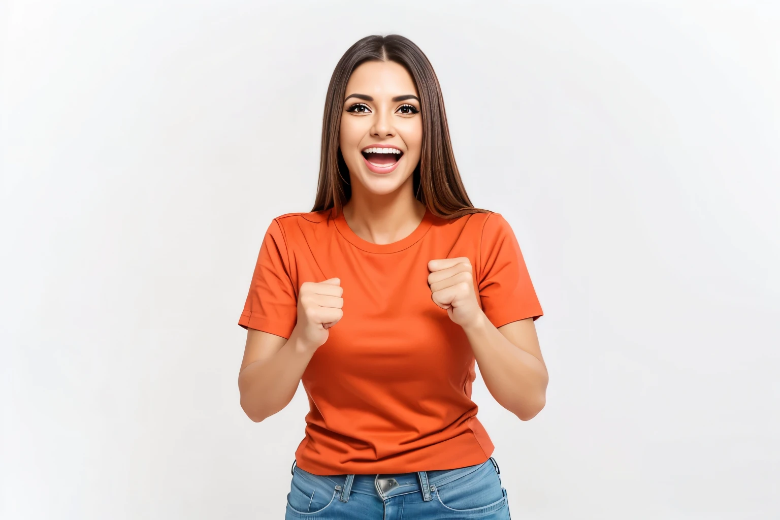 pharmaceutical woman raising her fists, vestindo um jaleco, she is smiling and excitado, ela expressando alegria, excitado, excitado expression, estar encantado e alegre, all overly excitado, excitado facial expression, explodindo com energia positiva, professional pharmacist