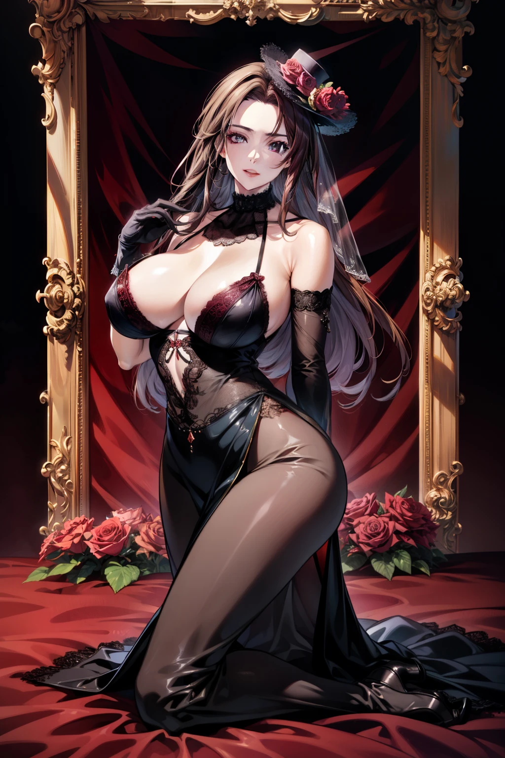 nfsw, masutepiece, Best Quality, High resolution, 1woman, milf, Full body, detail face, detail woman, detail hands, detail fingers, detail leg, large breasts, large ass, brown hair, long hair, erect nipples, clothed, (mini silk hat), black eveningdress, veil, lace, (cosage of red rose), black long glove, night, dancehall