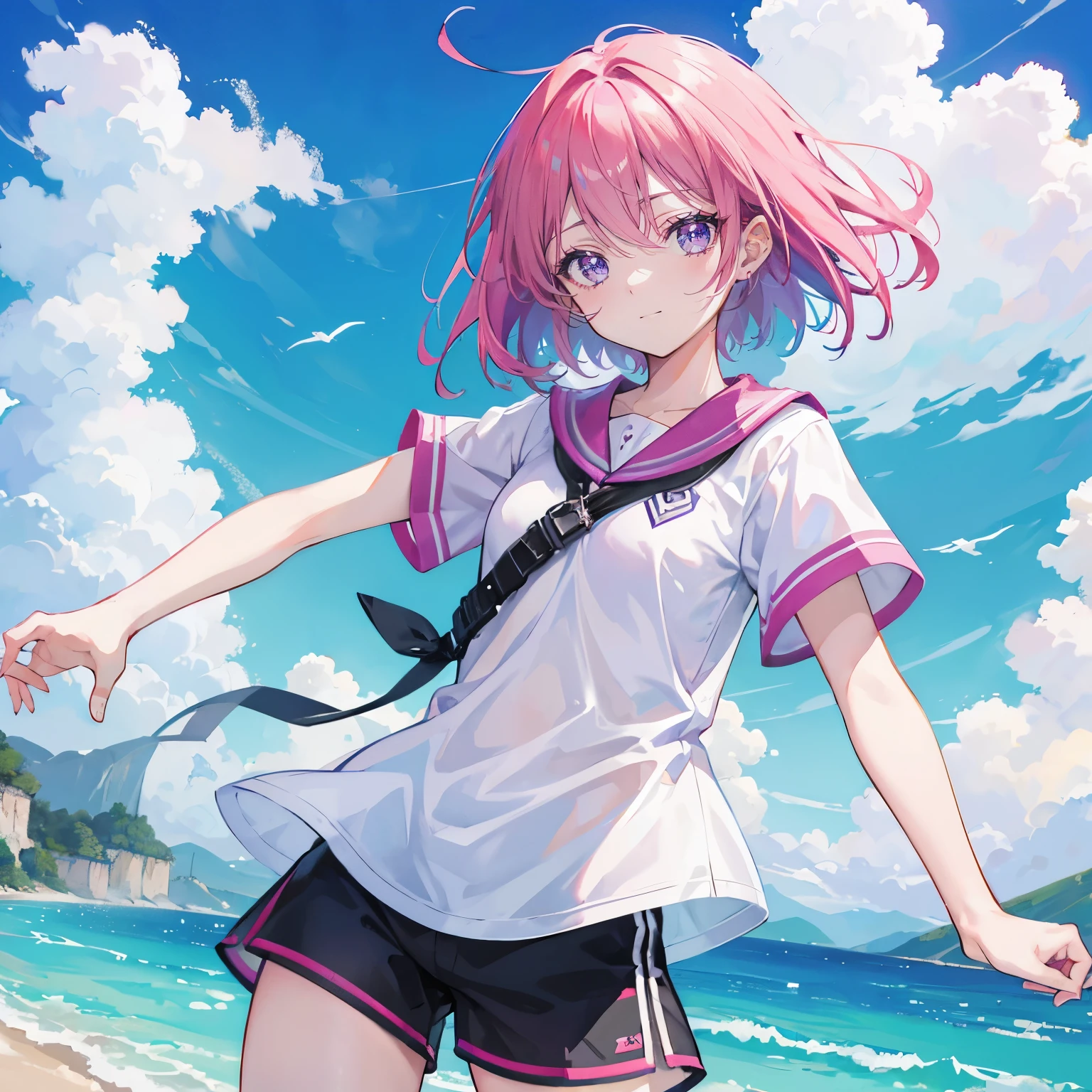 pink hair,purple eyes,short hair,sister head,Two black hairpins,girl,short sleeves,shorts,whole body,Floating in the sky,The background is blue sky and white clouds,Happy and happy expression